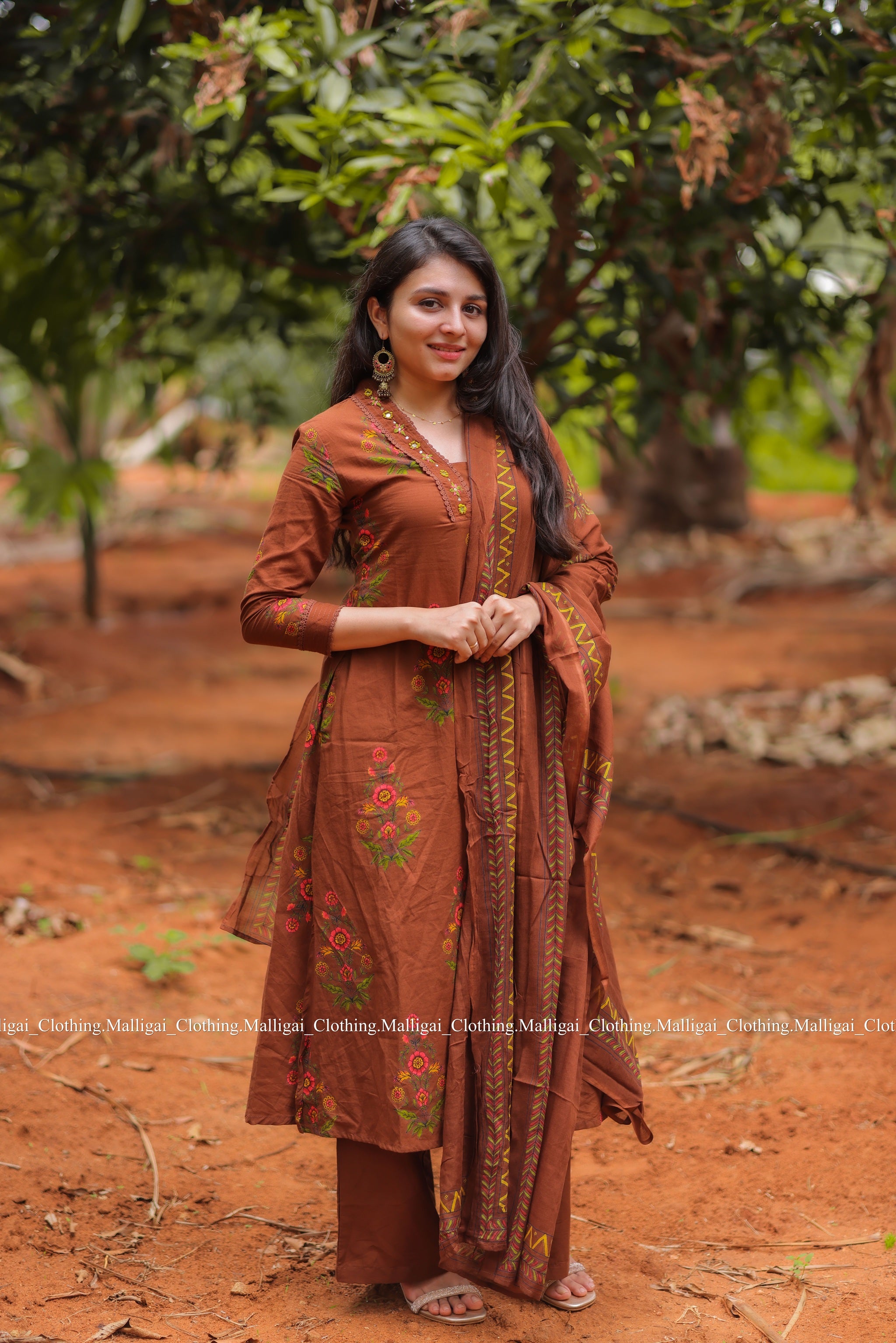 Mud Brown Floral Printed Pure Cotton Kurta with Trousers and Dupatta