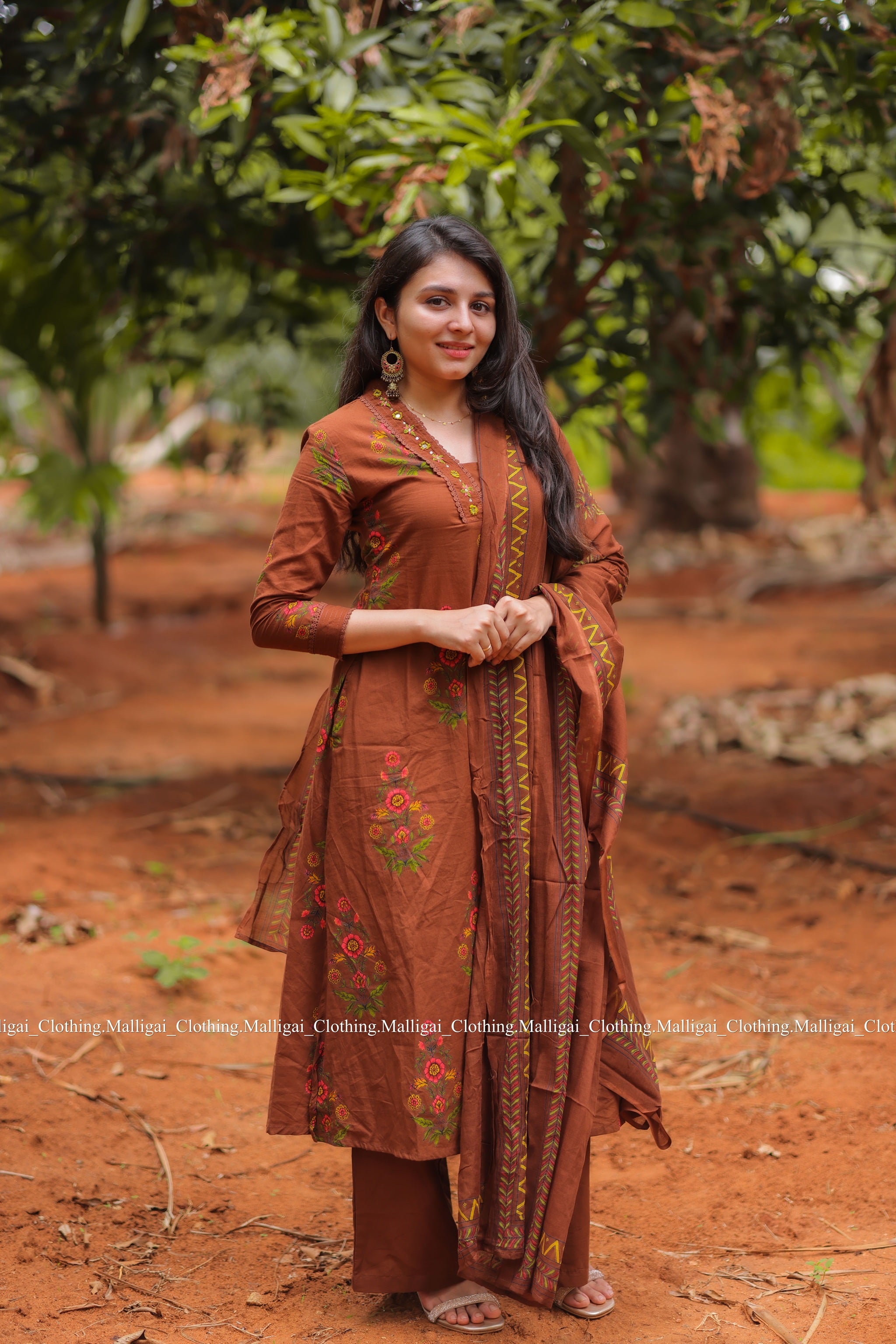Mud Brown Floral Printed Pure Cotton Kurta with Trousers and Dupatta