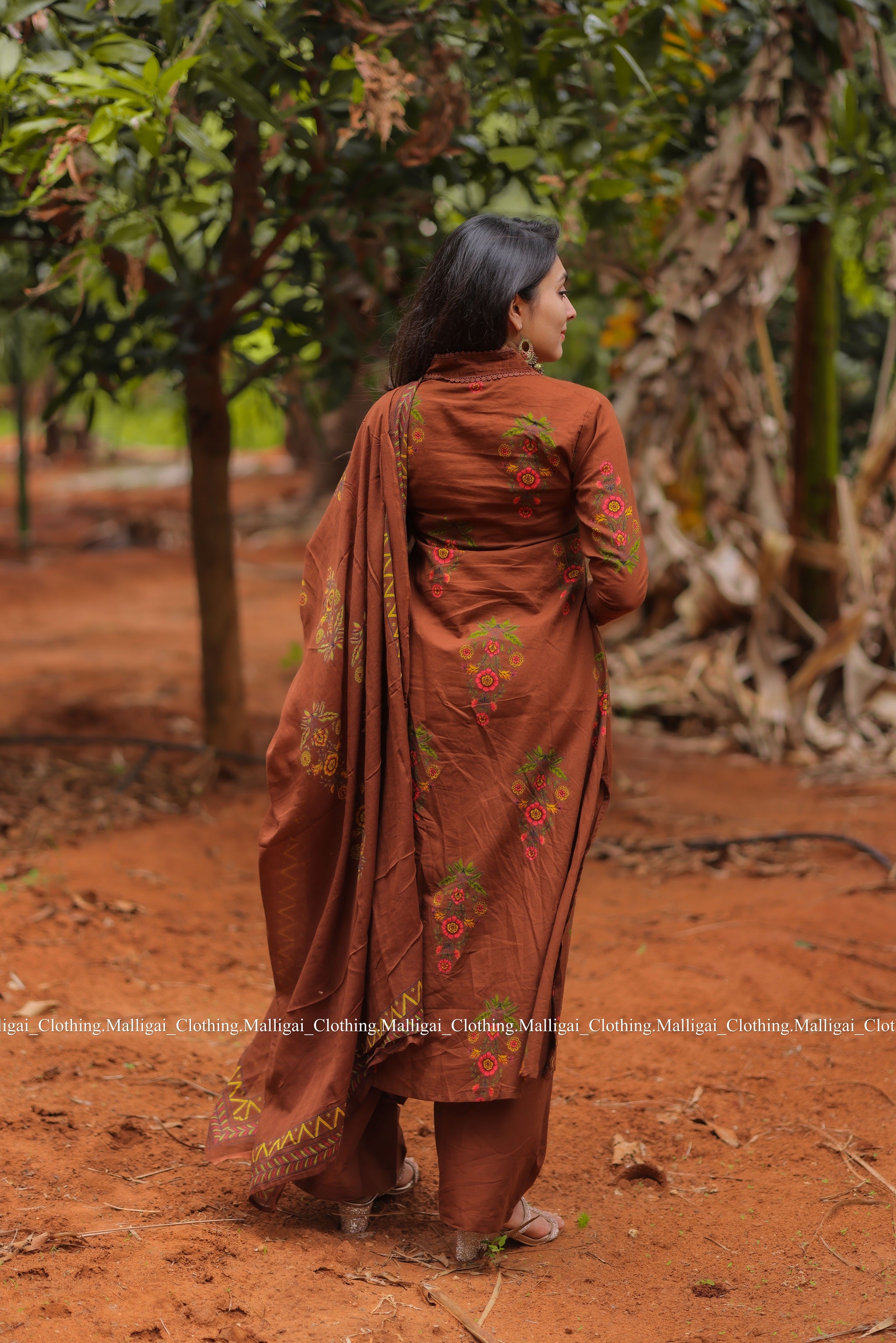 Mud Brown Floral Printed Pure Cotton Kurta with Trousers and Dupatta