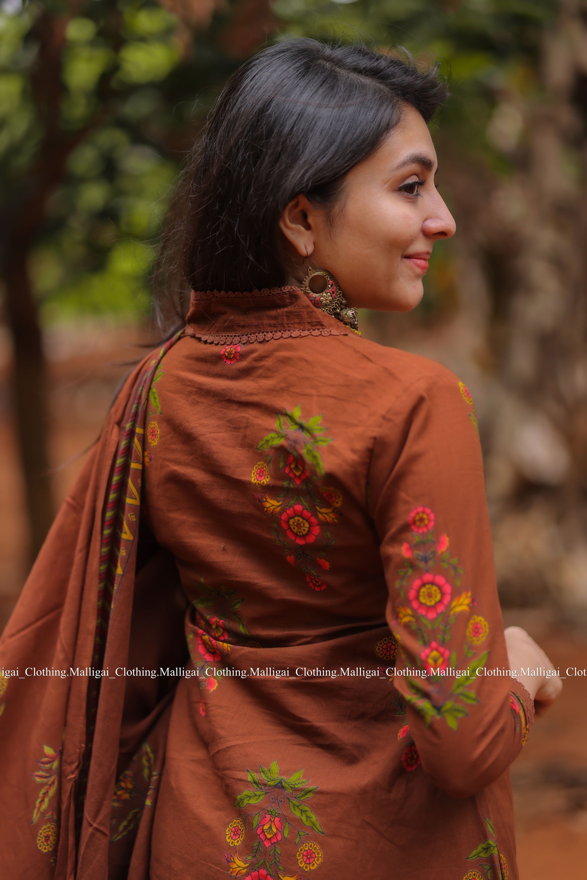 Mud Brown Floral Printed Pure Cotton Kurta with Trousers and Dupatta