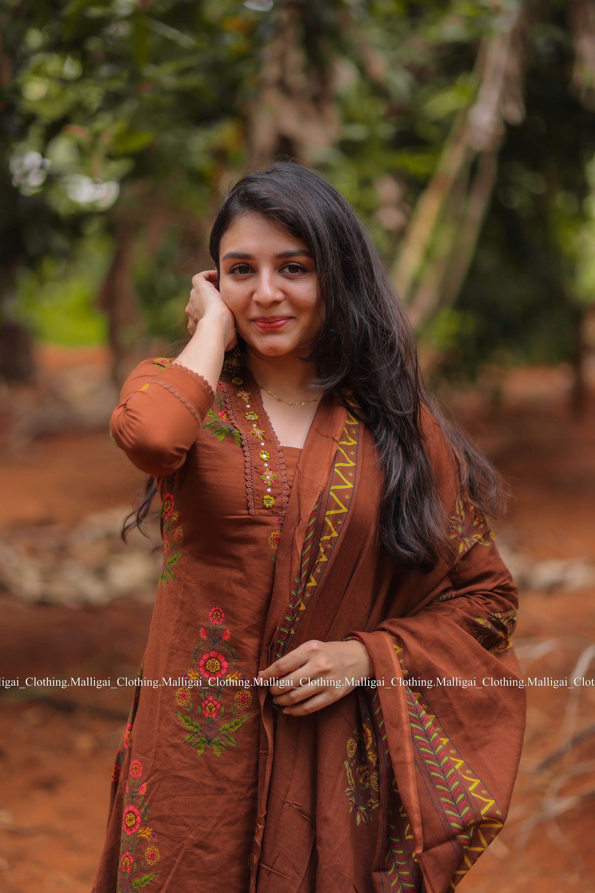 Mud Brown Floral Printed Pure Cotton Kurta with Trousers and Dupatta