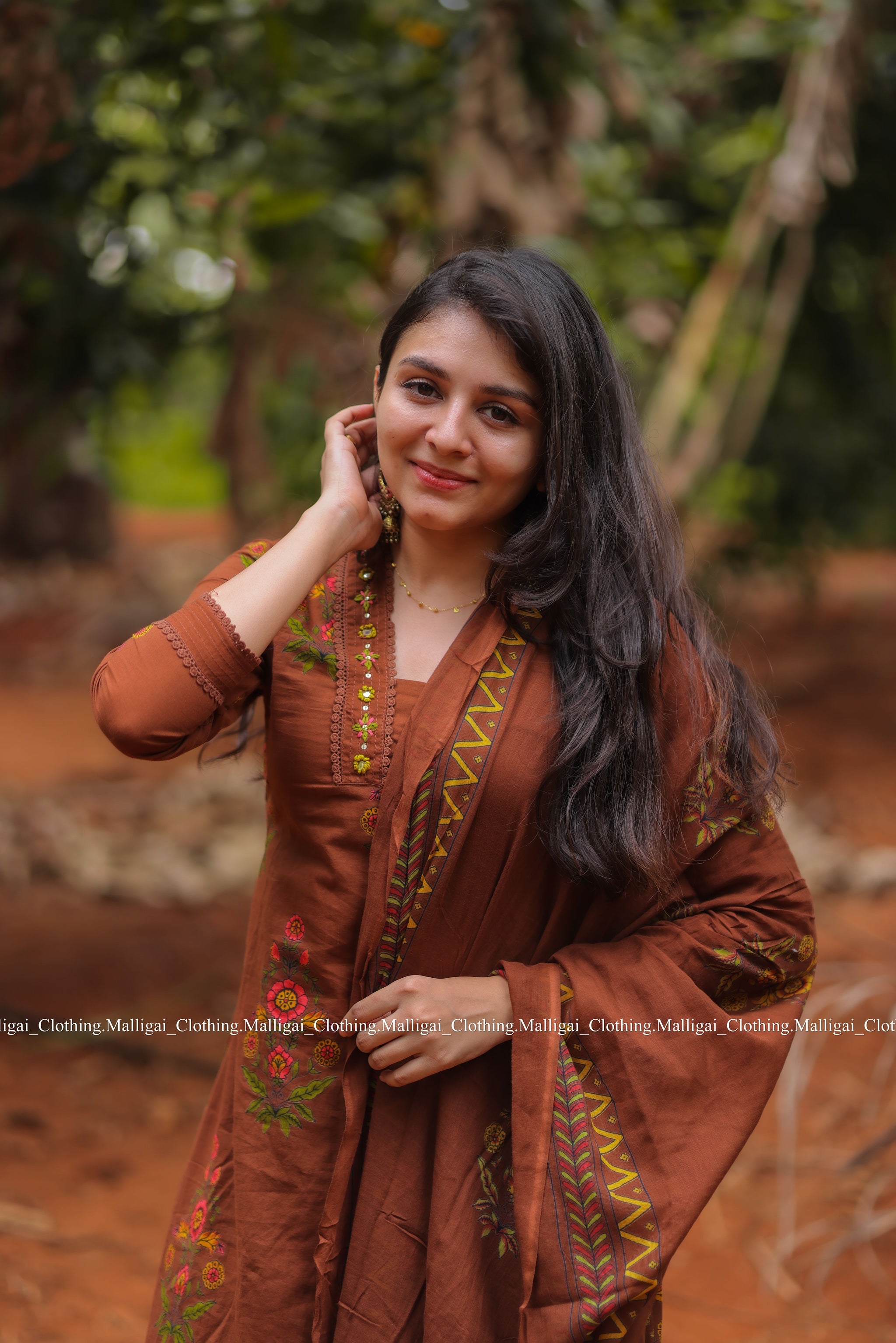 Mud Brown Floral Printed Pure Cotton Kurta with Trousers and Dupatta