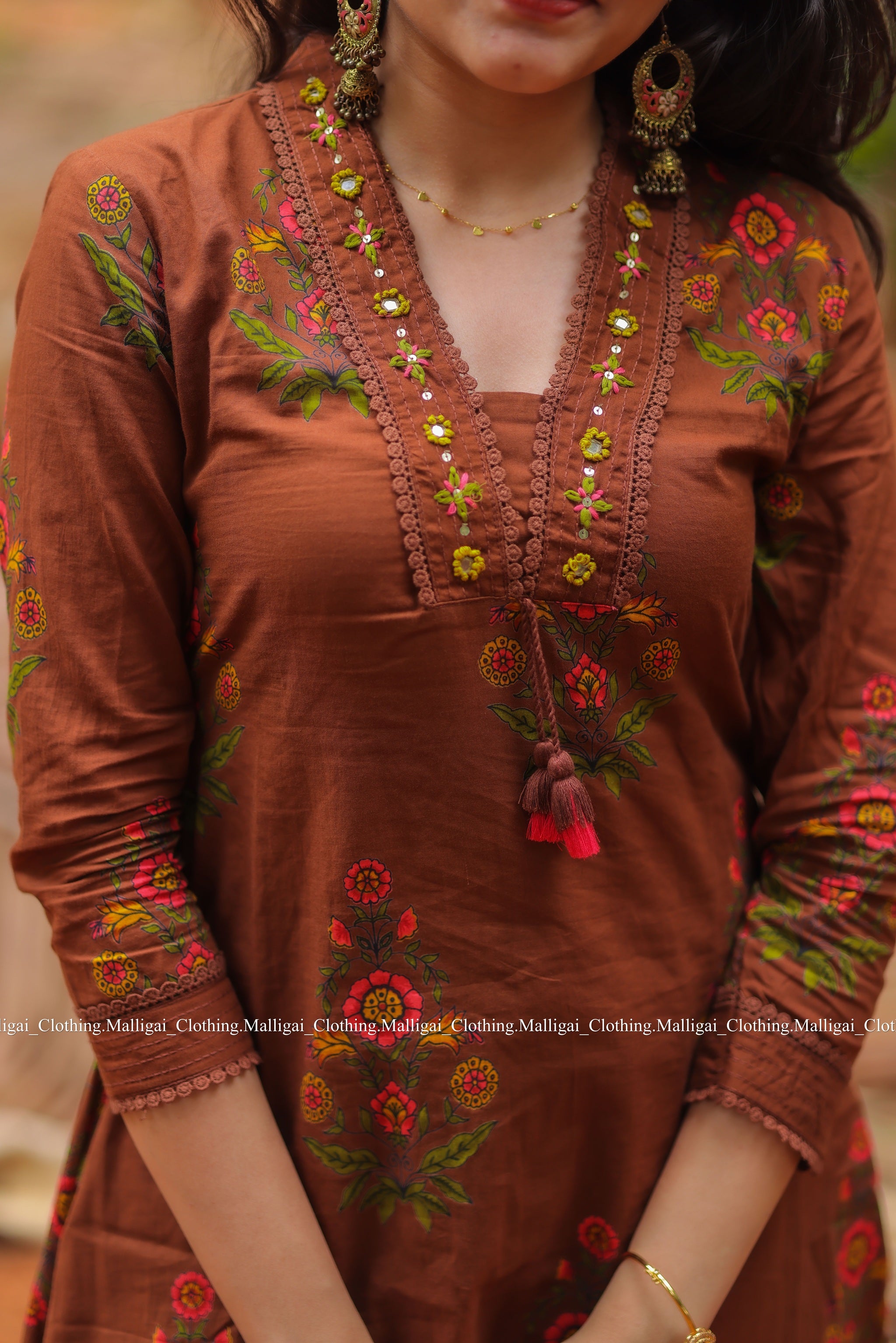 Mud Brown Floral Printed Pure Cotton Kurta with Trousers and Dupatta