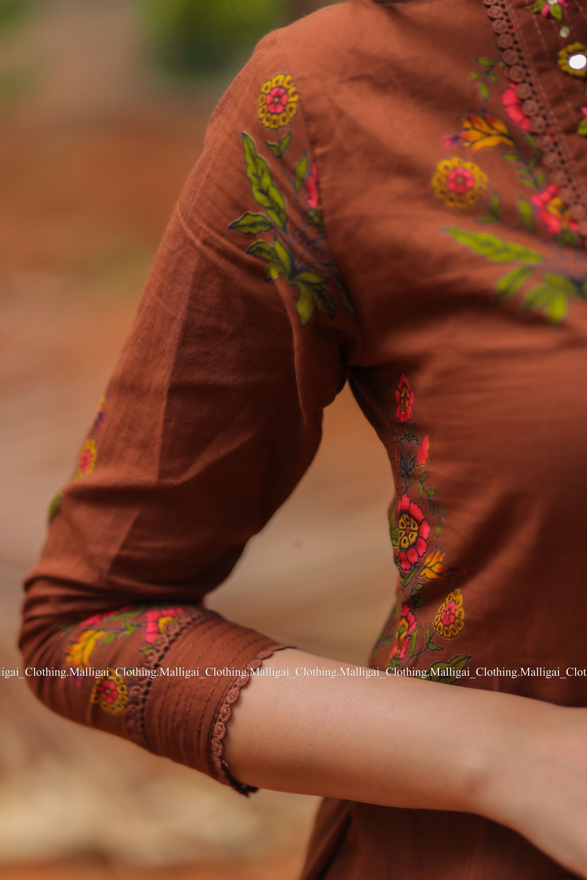Mud Brown Floral Printed Pure Cotton Kurta with Trousers and Dupatta
