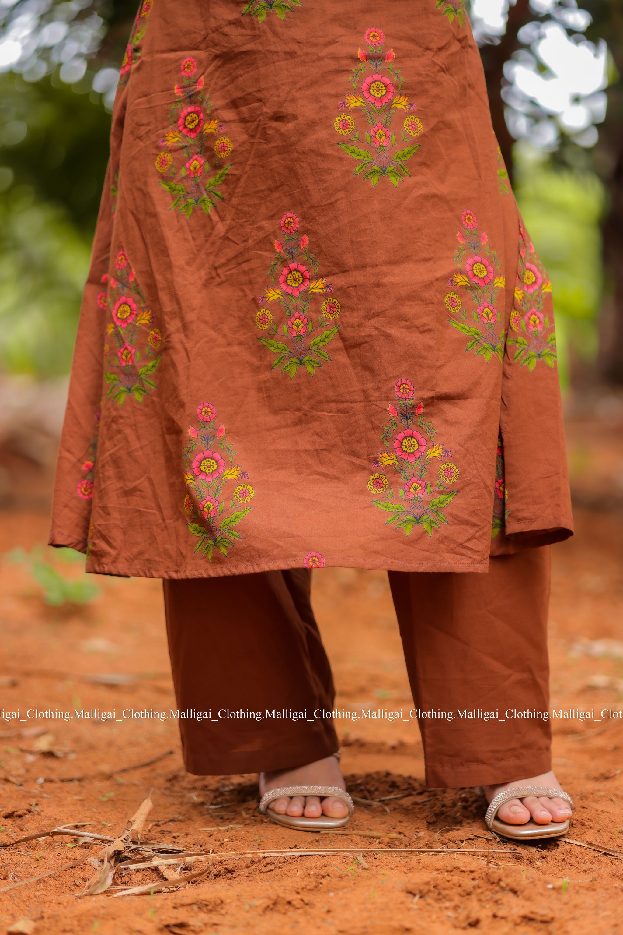 Mud Brown Floral Printed Pure Cotton Kurta with Trousers and Dupatta