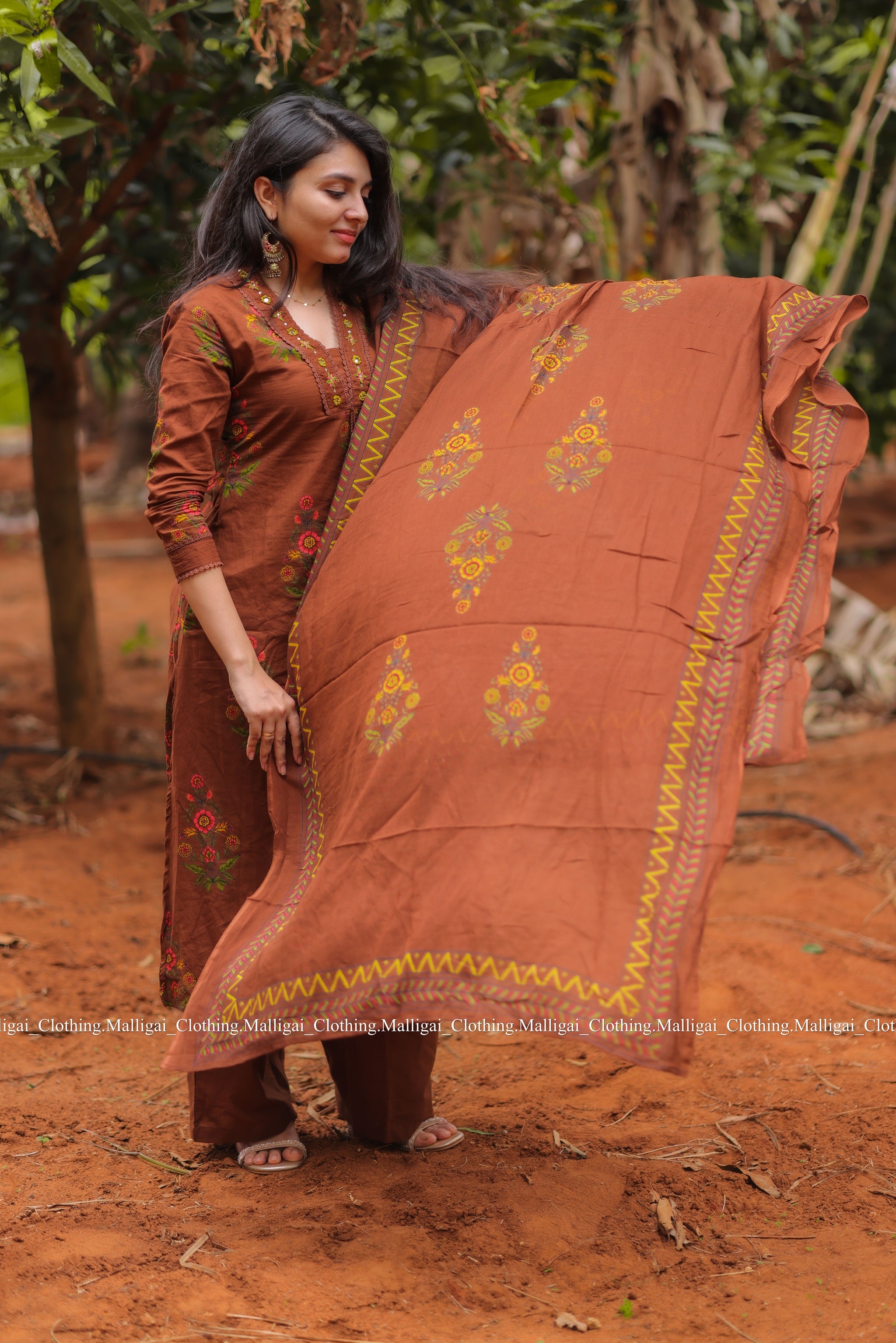 Mud Brown Floral Printed Pure Cotton Kurta with Trousers and Dupatta