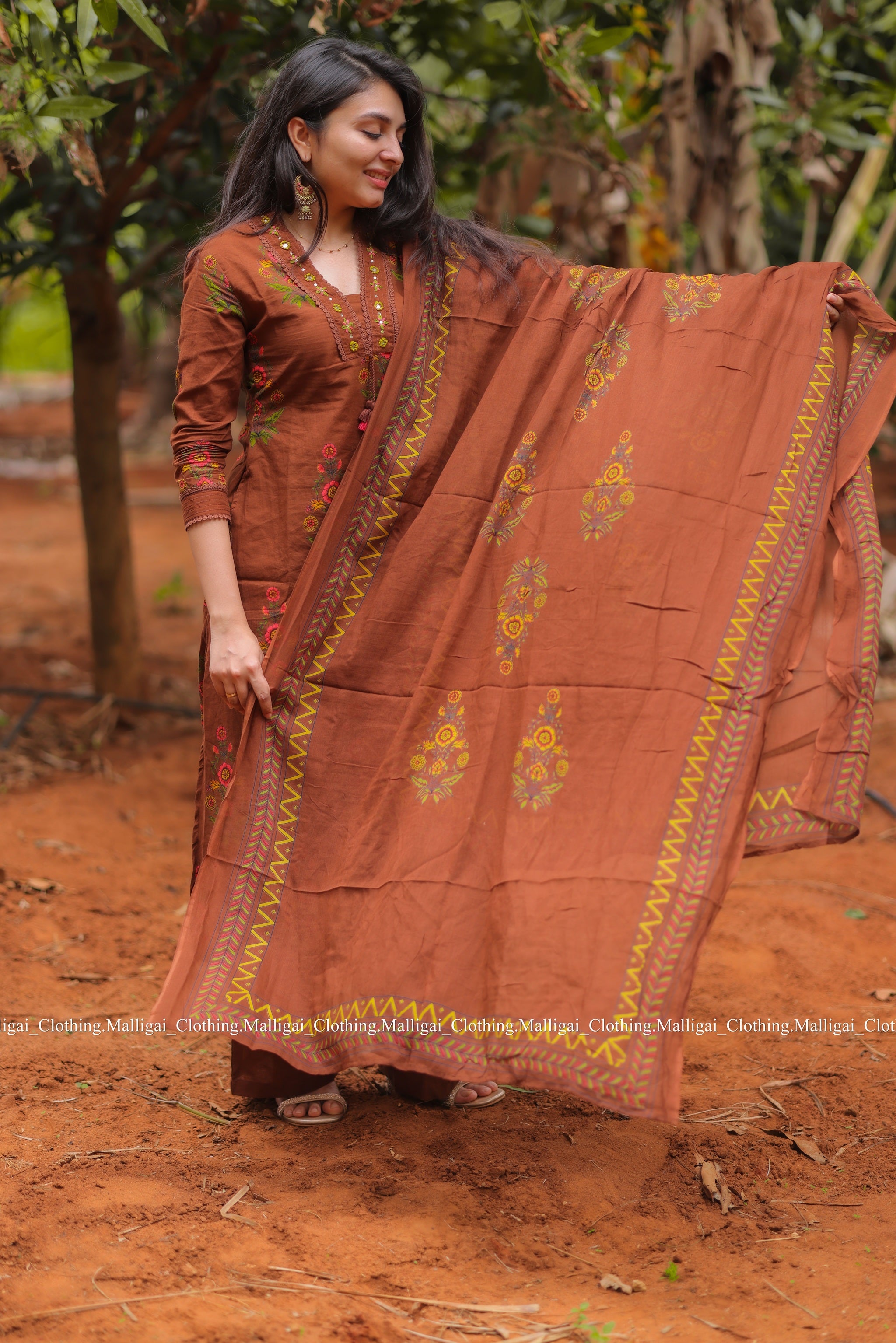Mud Brown Floral Printed Pure Cotton Kurta with Trousers and Dupatta