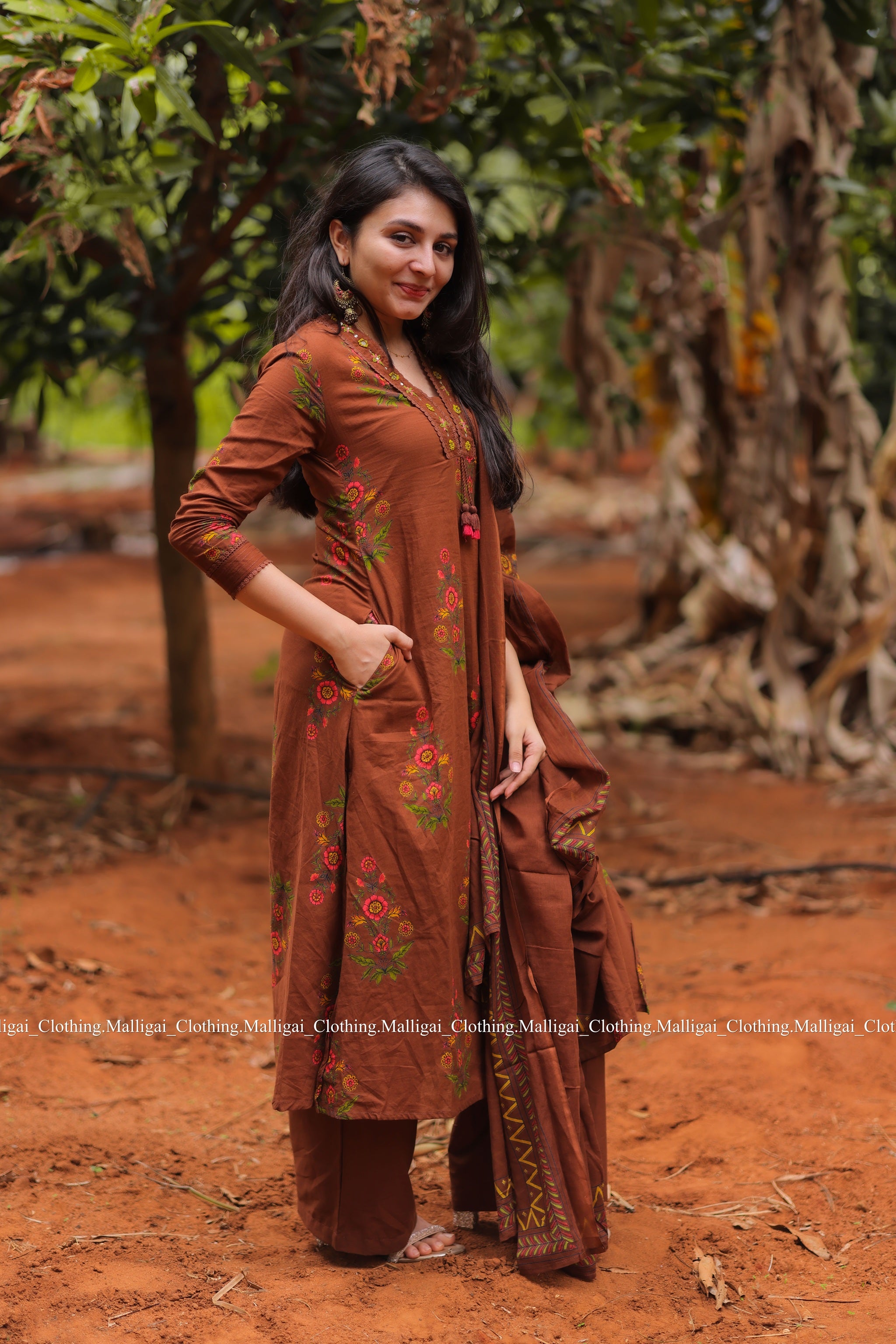 Mud Brown Floral Printed Pure Cotton Kurta with Trousers and Dupatta