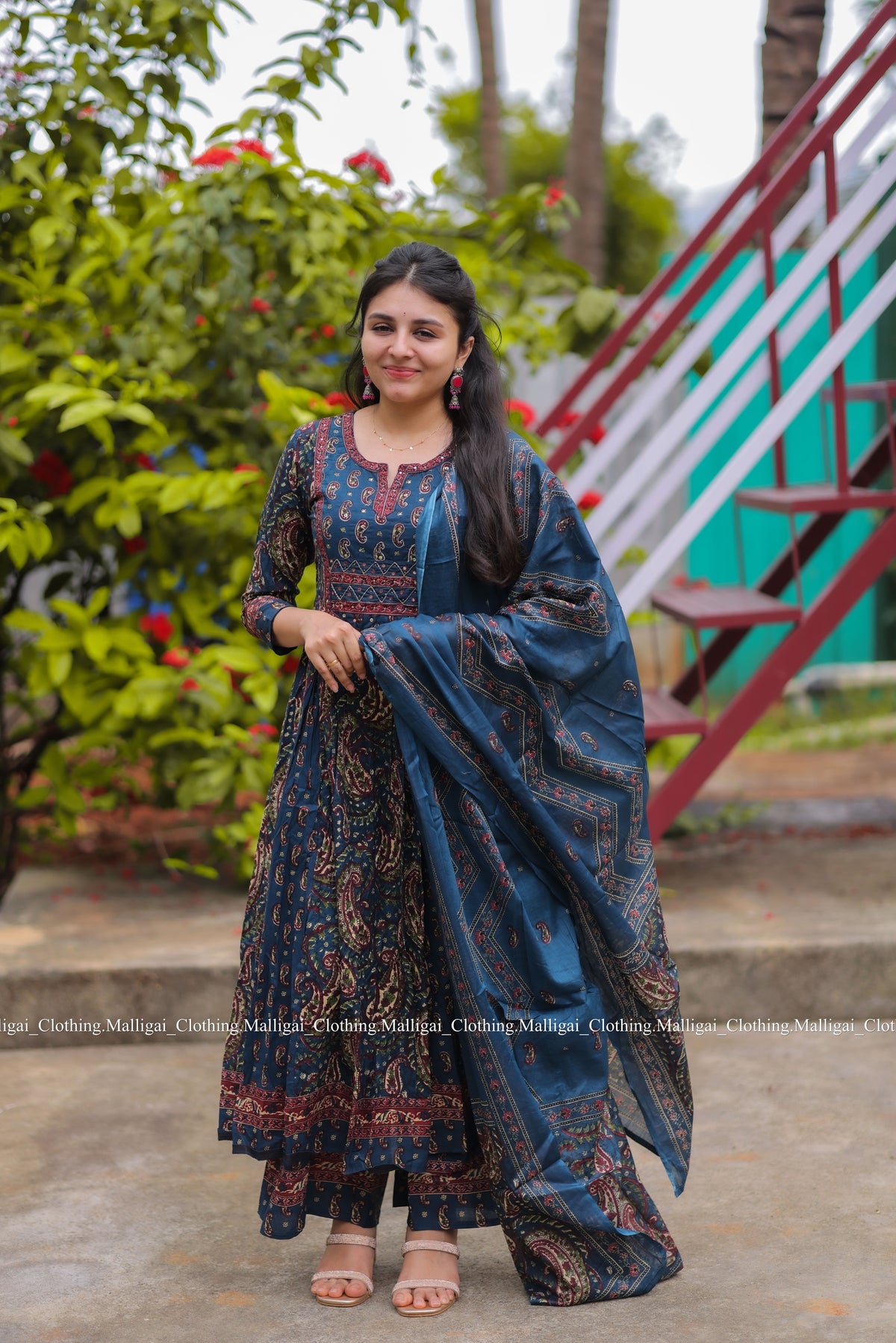 Floral Printed Anarkali Pure Cotton Kurta with Palazzos and Dupatta - Blue