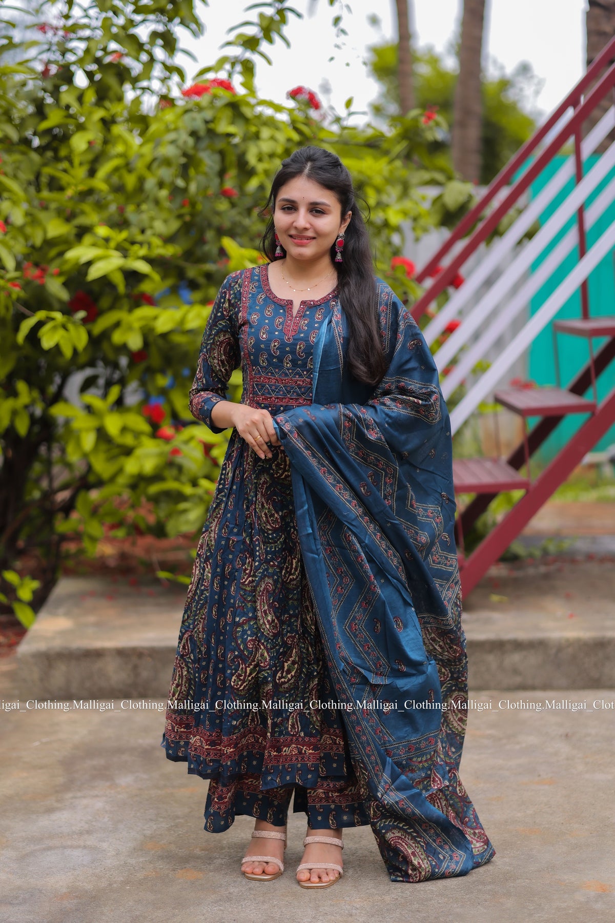 Floral Printed Anarkali Pure Cotton Kurta with Palazzos and Dupatta - Blue