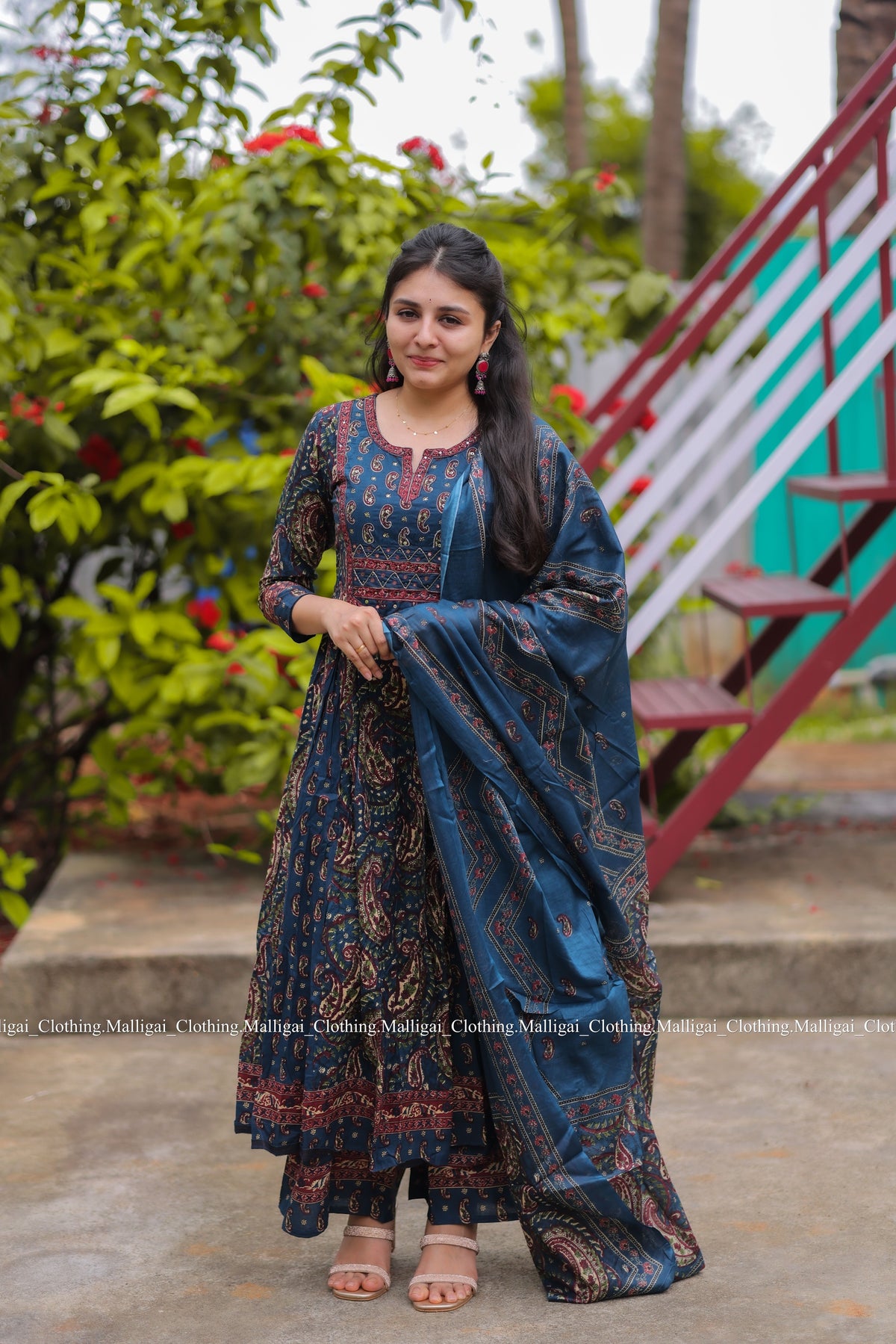 Floral Printed Anarkali Pure Cotton Kurta with Palazzos and Dupatta - Blue