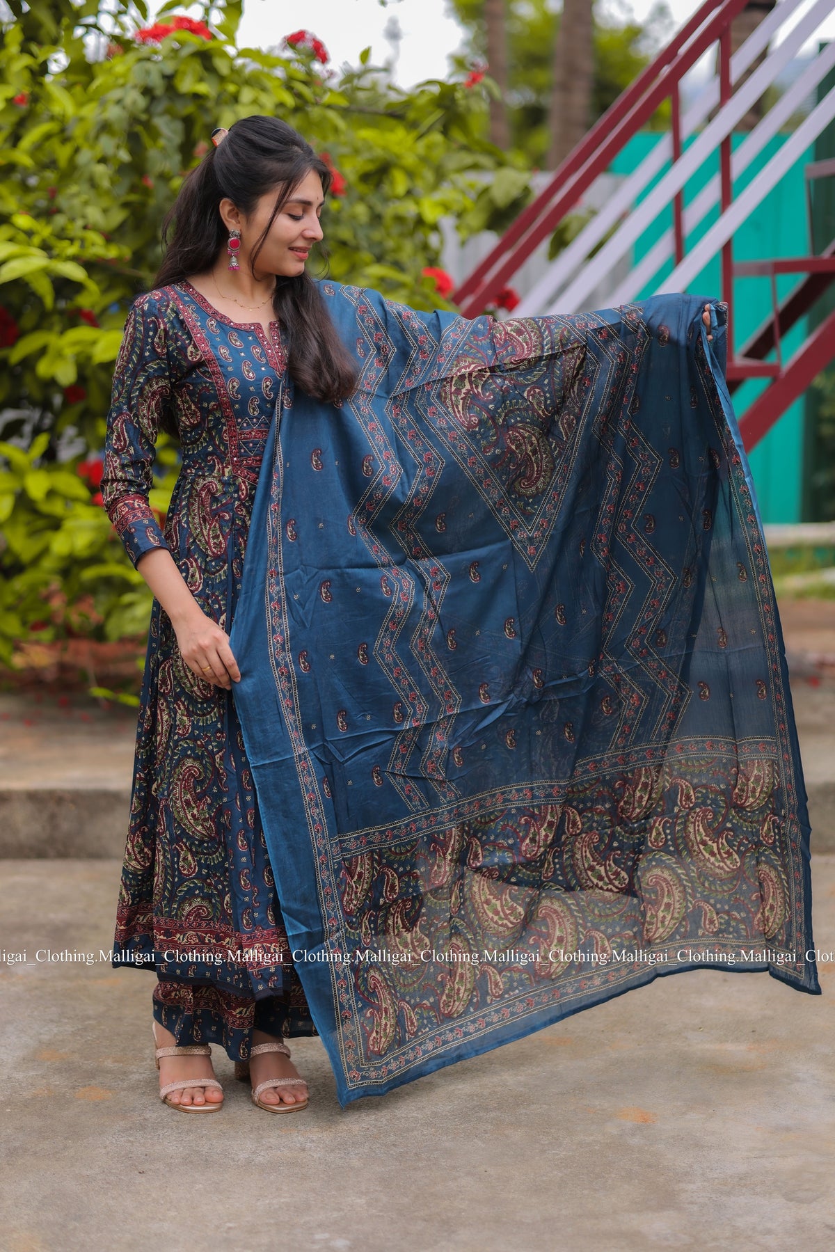 Floral Printed Anarkali Pure Cotton Kurta with Palazzos and Dupatta - Blue