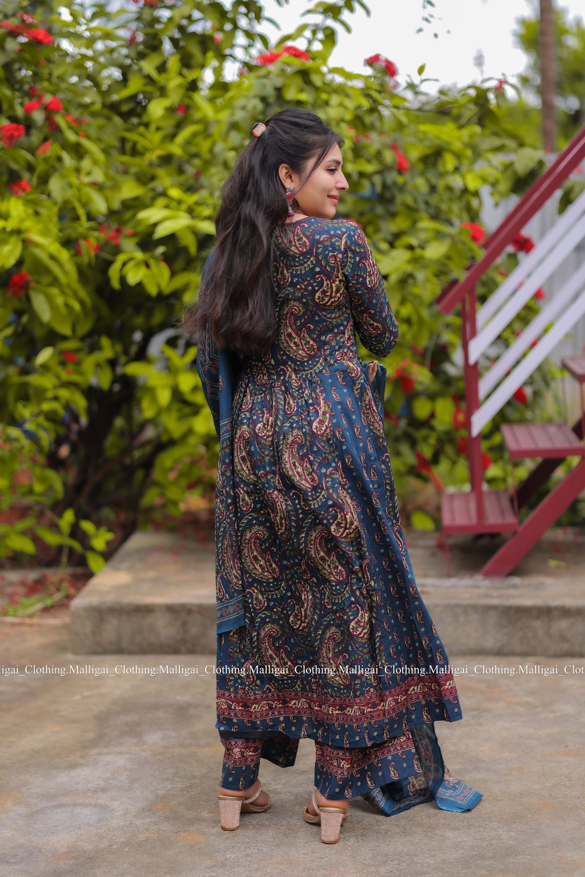 Floral Printed Anarkali Pure Cotton Kurta with Palazzos and Dupatta - Blue