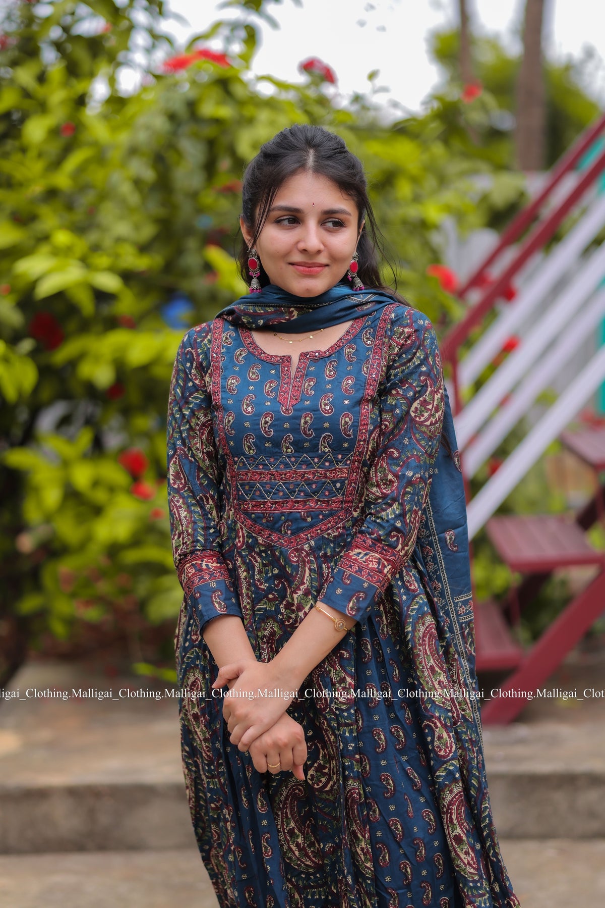 Floral Printed Anarkali Pure Cotton Kurta with Palazzos and Dupatta - Blue