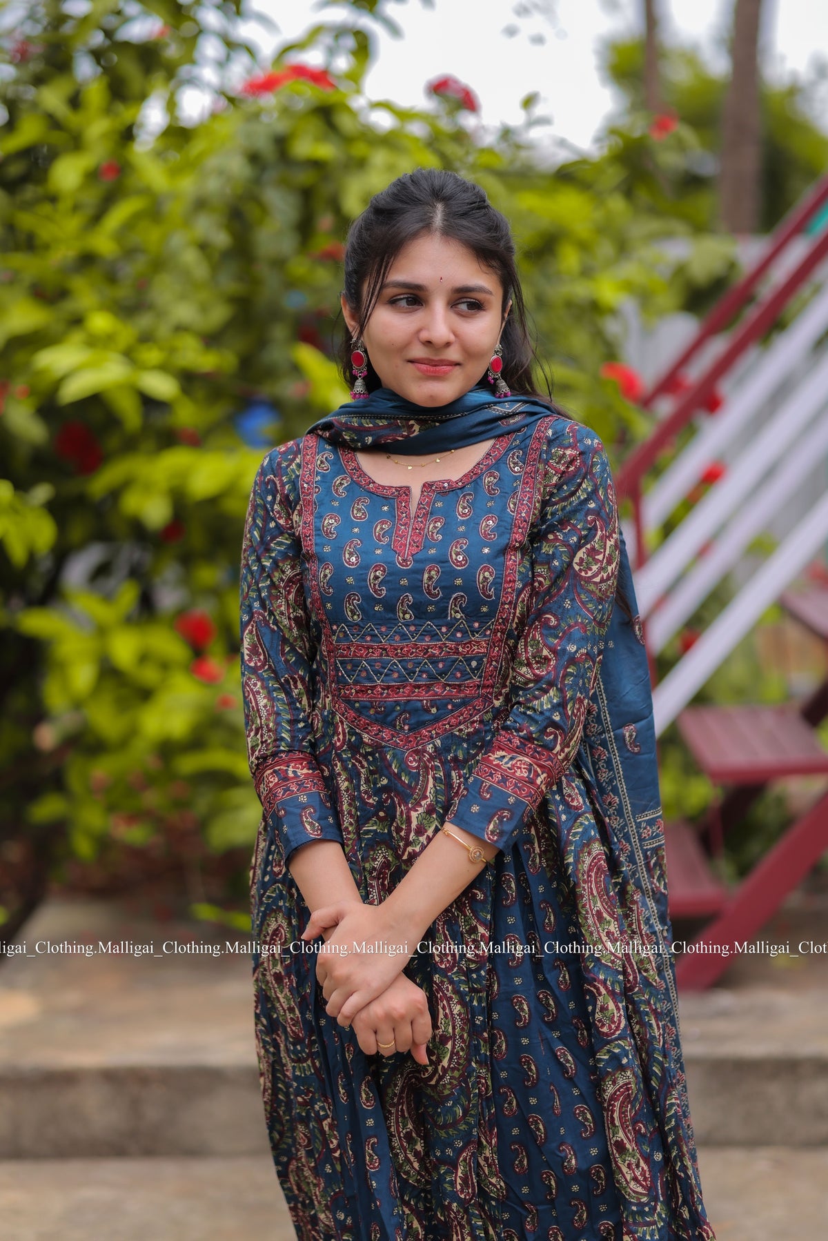 Floral Printed Anarkali Pure Cotton Kurta with Palazzos and Dupatta - Blue
