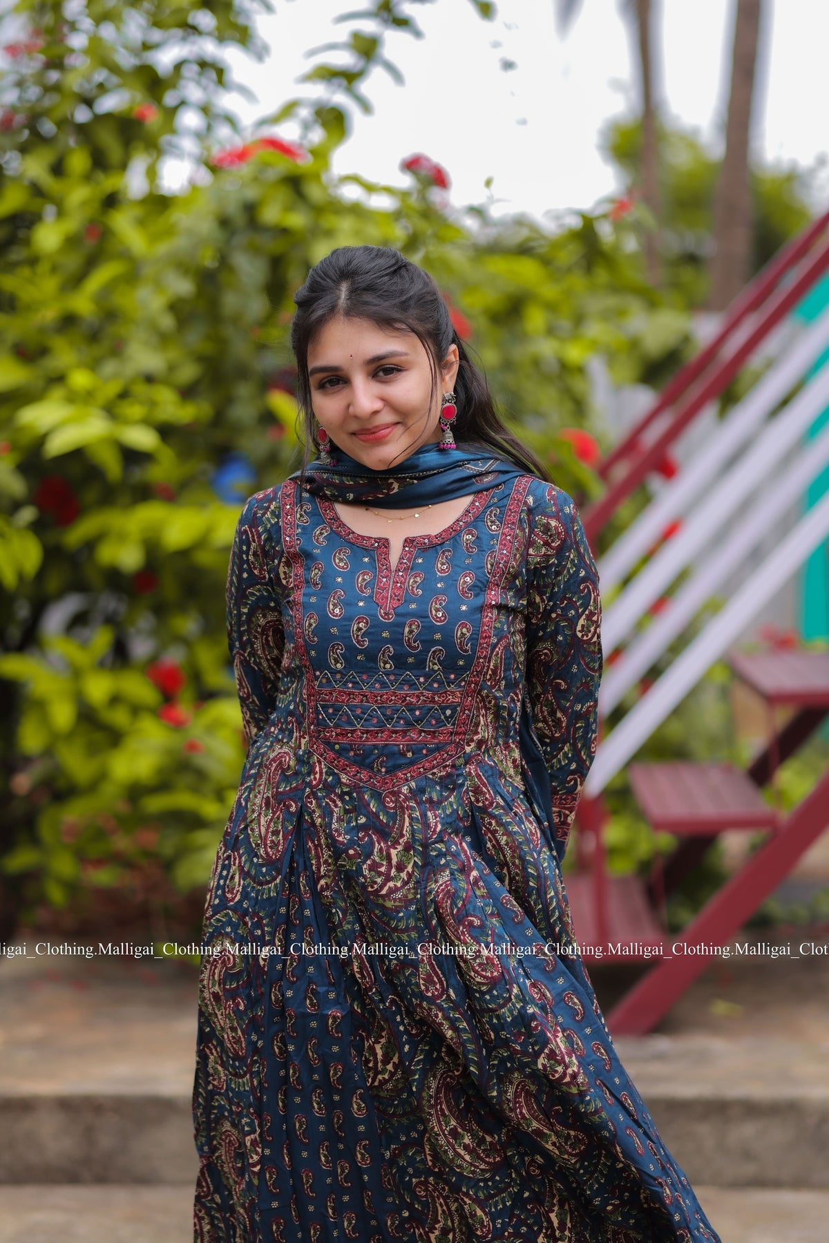 Floral Printed Anarkali Pure Cotton Kurta with Palazzos and Dupatta - Blue