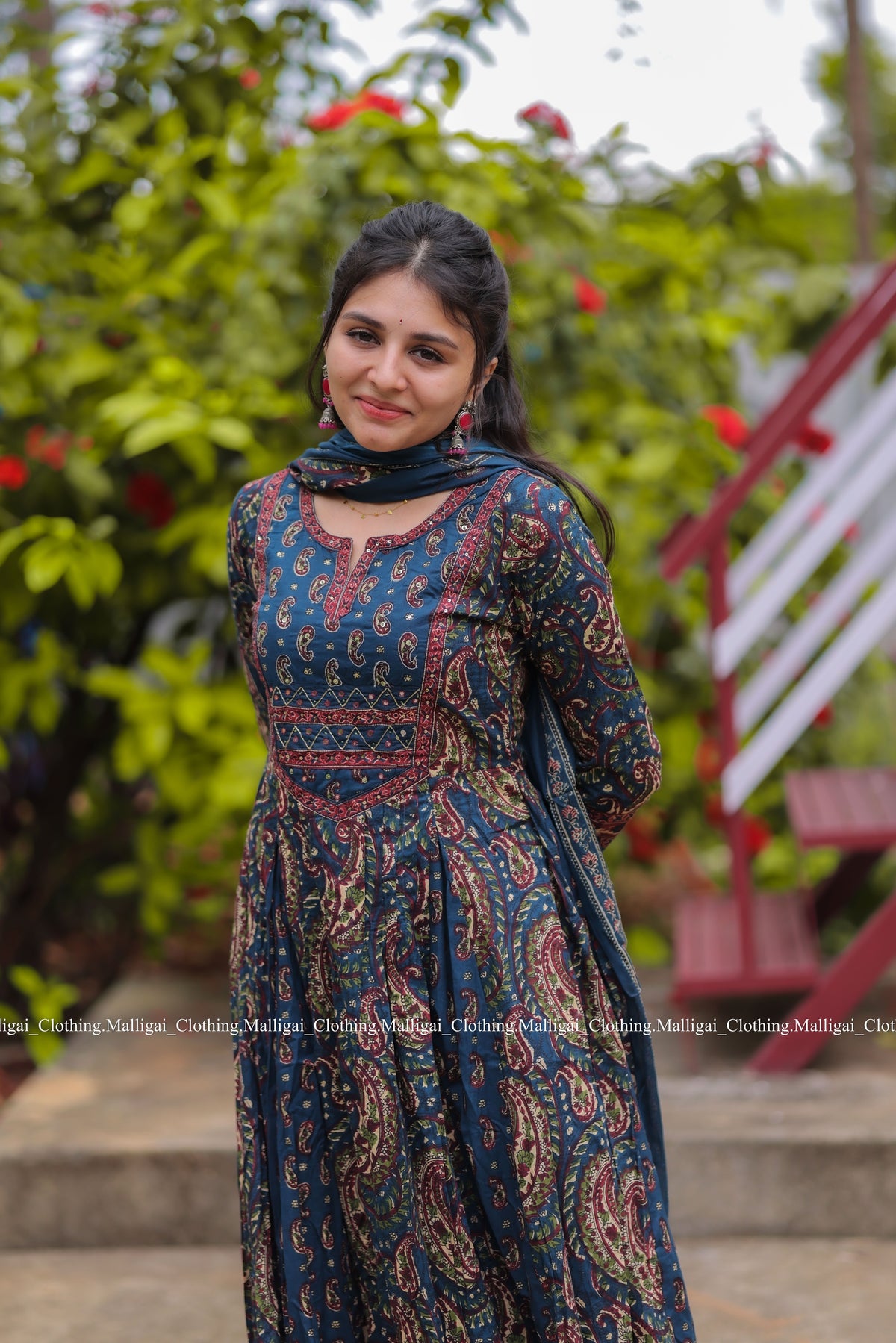 Floral Printed Anarkali Pure Cotton Kurta with Palazzos and Dupatta - Blue