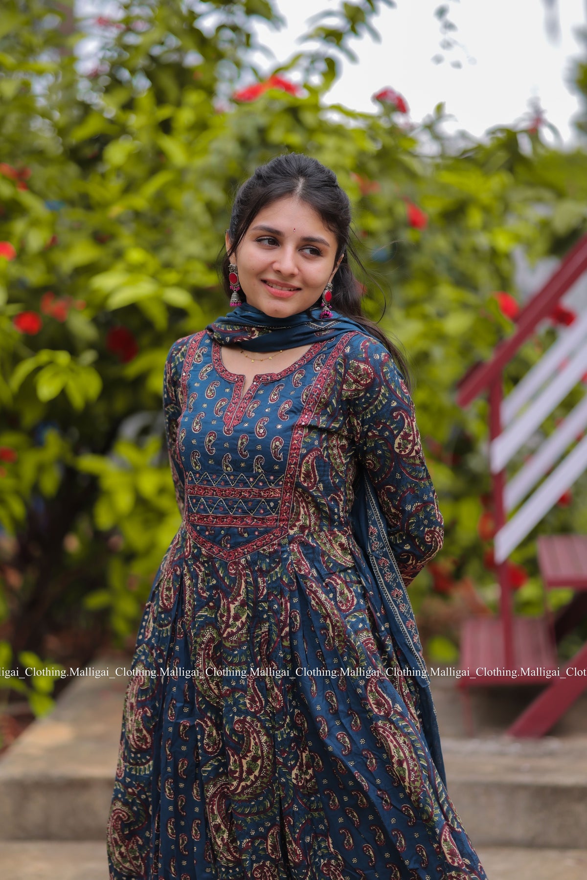 Floral Printed Anarkali Pure Cotton Kurta with Palazzos and Dupatta - Blue