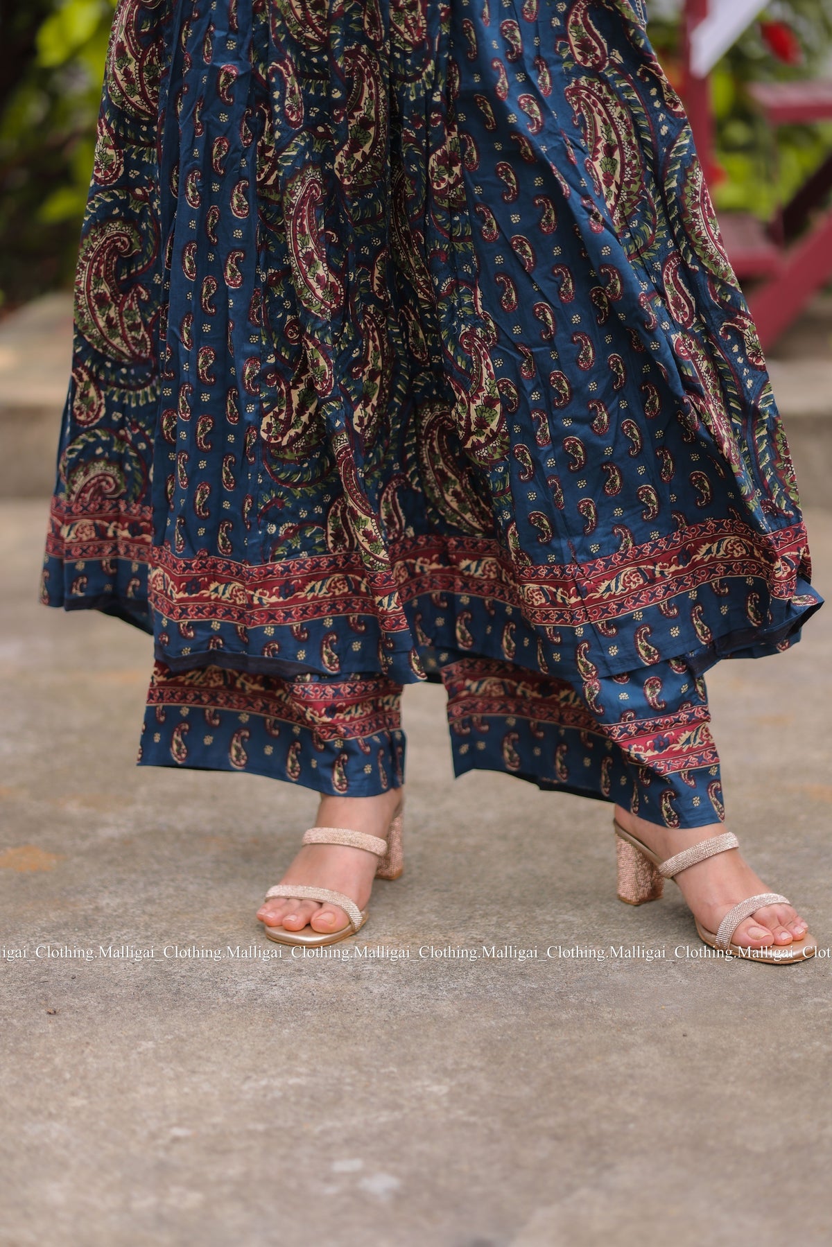 Floral Printed Anarkali Pure Cotton Kurta with Palazzos and Dupatta - Blue
