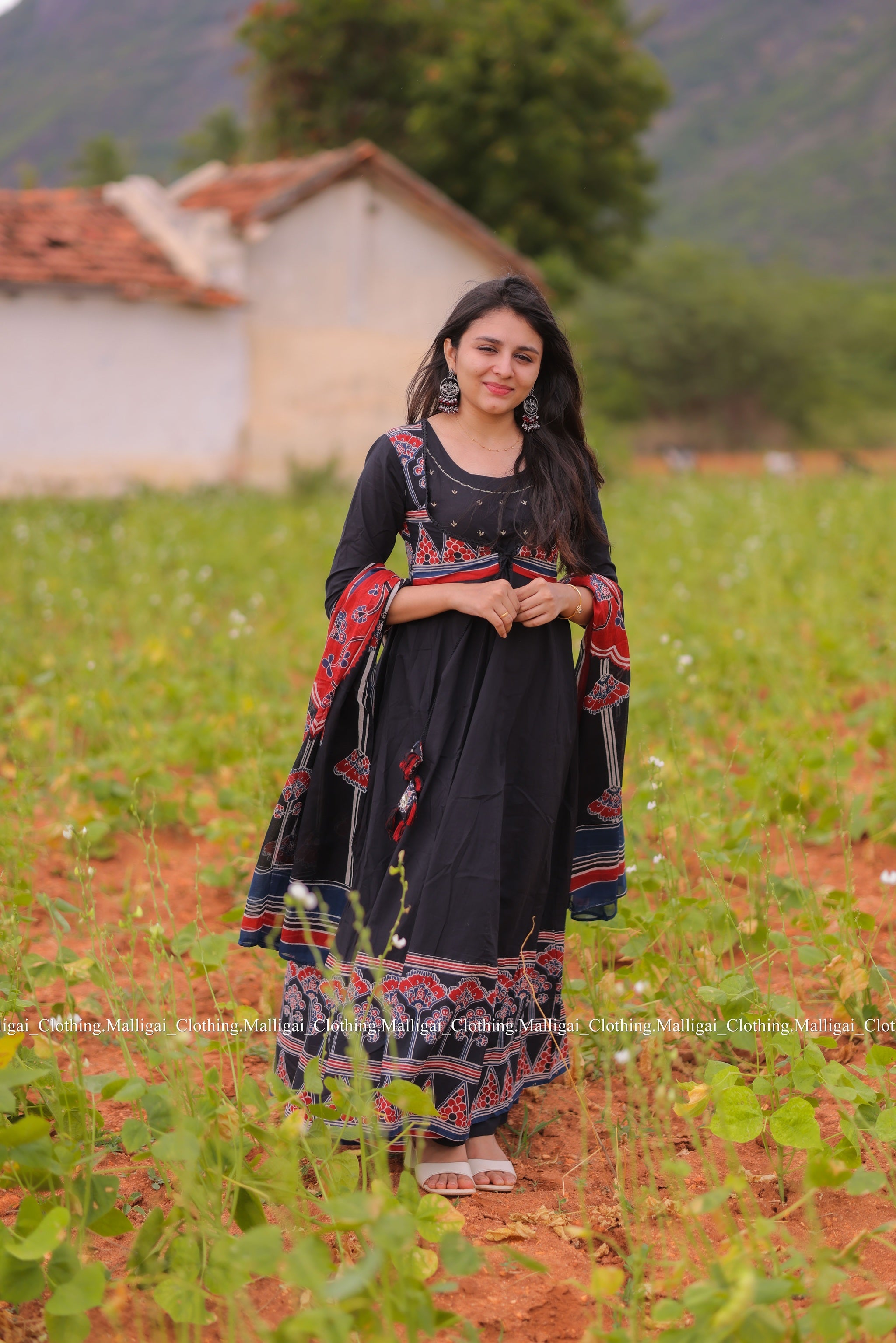 Roja Inspired Printed Anarkali Pure Cotton Kurta with Trousers and Dupatta - Black