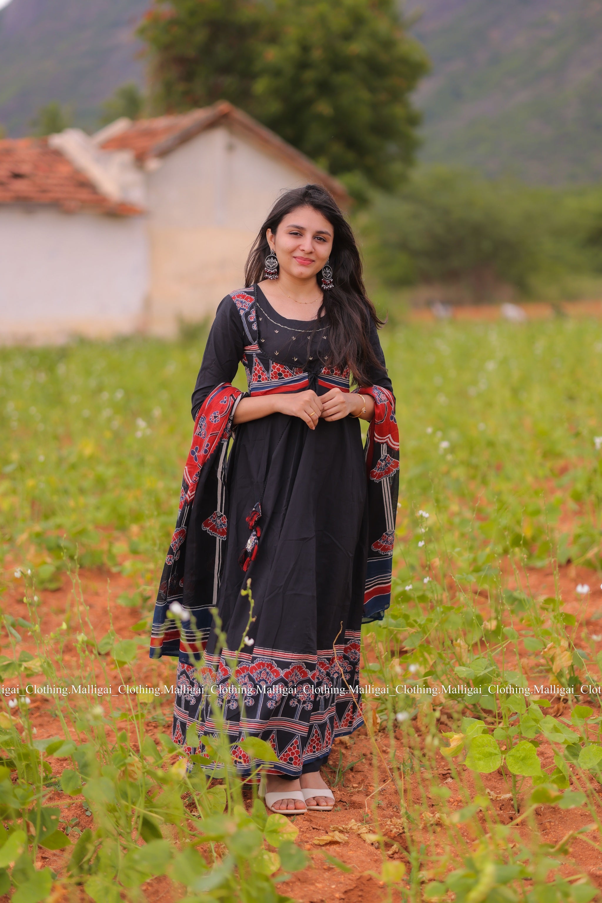 Roja Inspired Printed Anarkali Pure Cotton Kurta with Trousers and Dupatta - Black