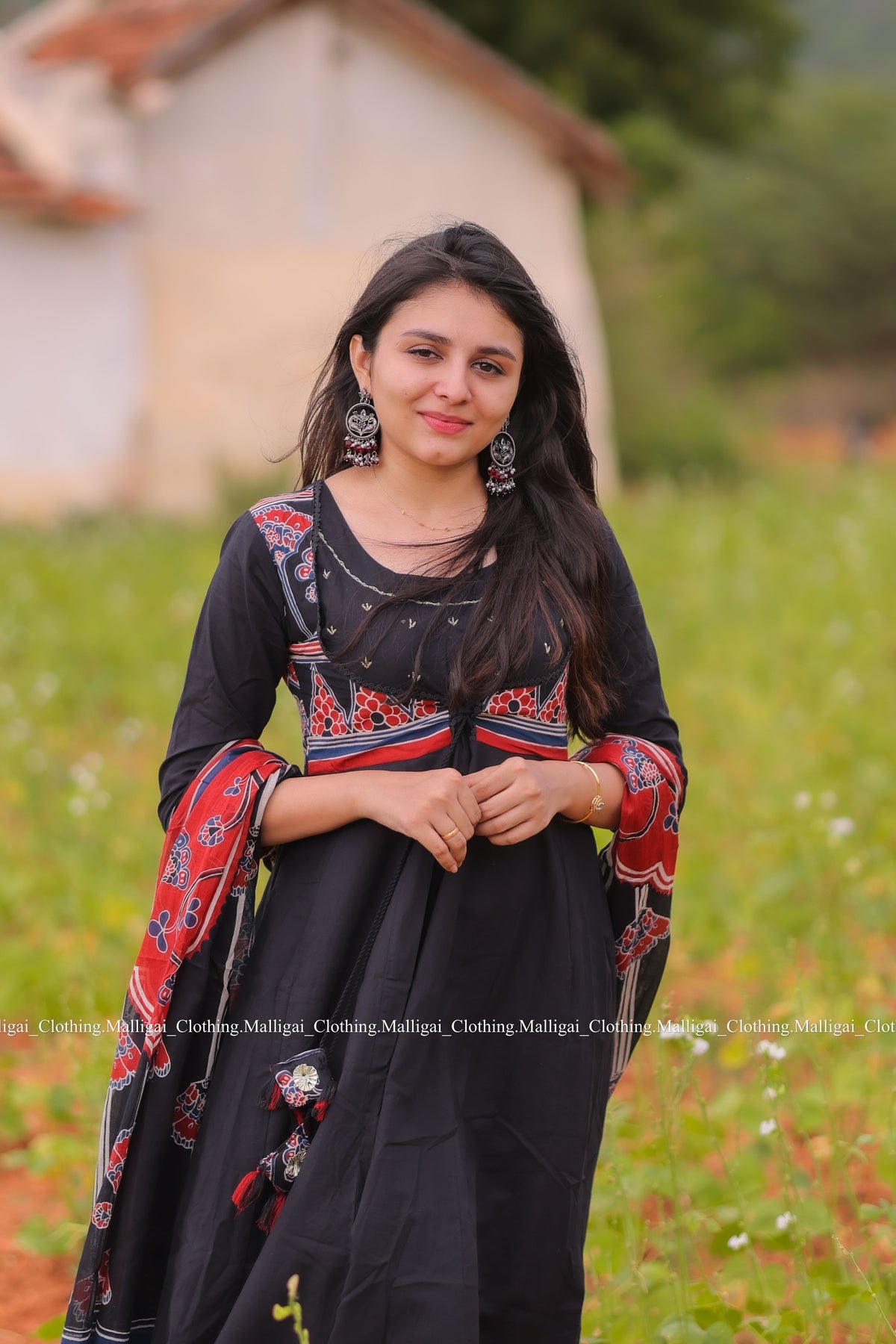 Roja Inspired Printed Anarkali Pure Cotton Kurta with Trousers and Dupatta - Black