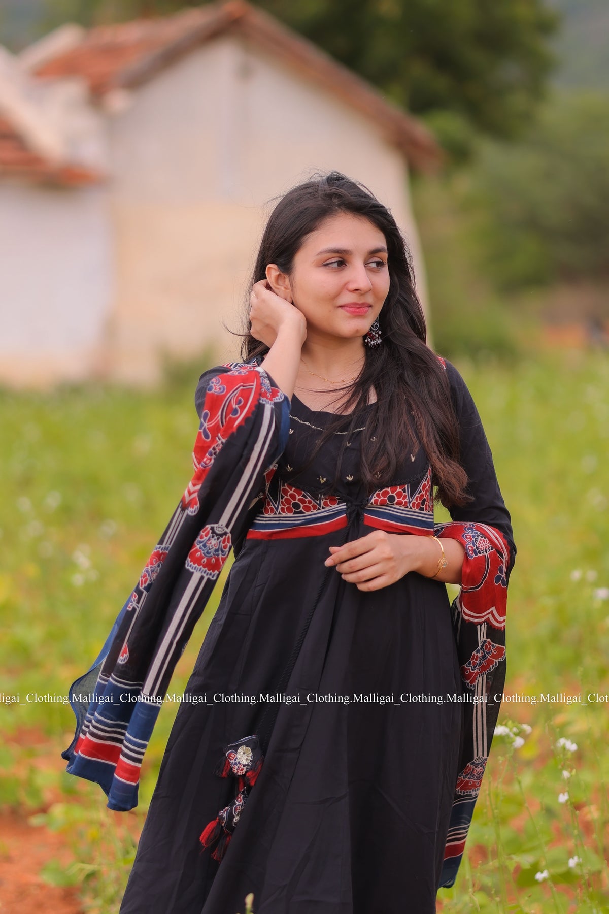 Roja Inspired Printed Anarkali Pure Cotton Kurta with Trousers and Dupatta - Black