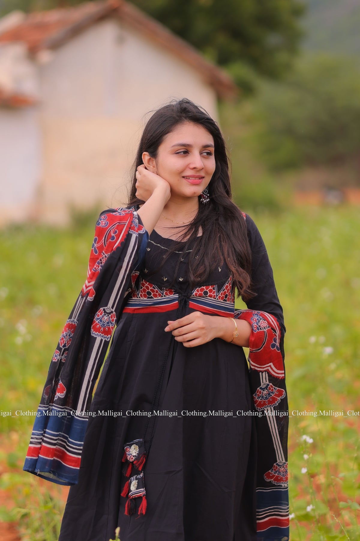 Roja Inspired Printed Anarkali Pure Cotton Kurta with Trousers and Dupatta - Black