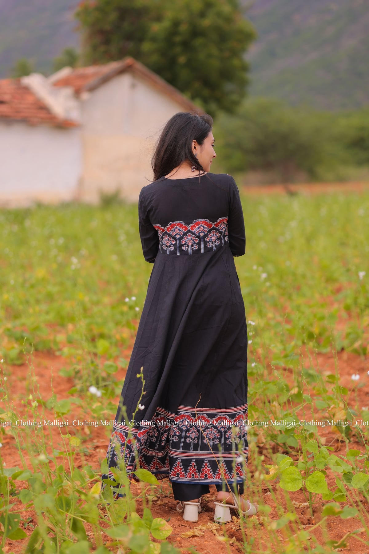 Roja Inspired Printed Anarkali Pure Cotton Kurta with Trousers and Dupatta - Black