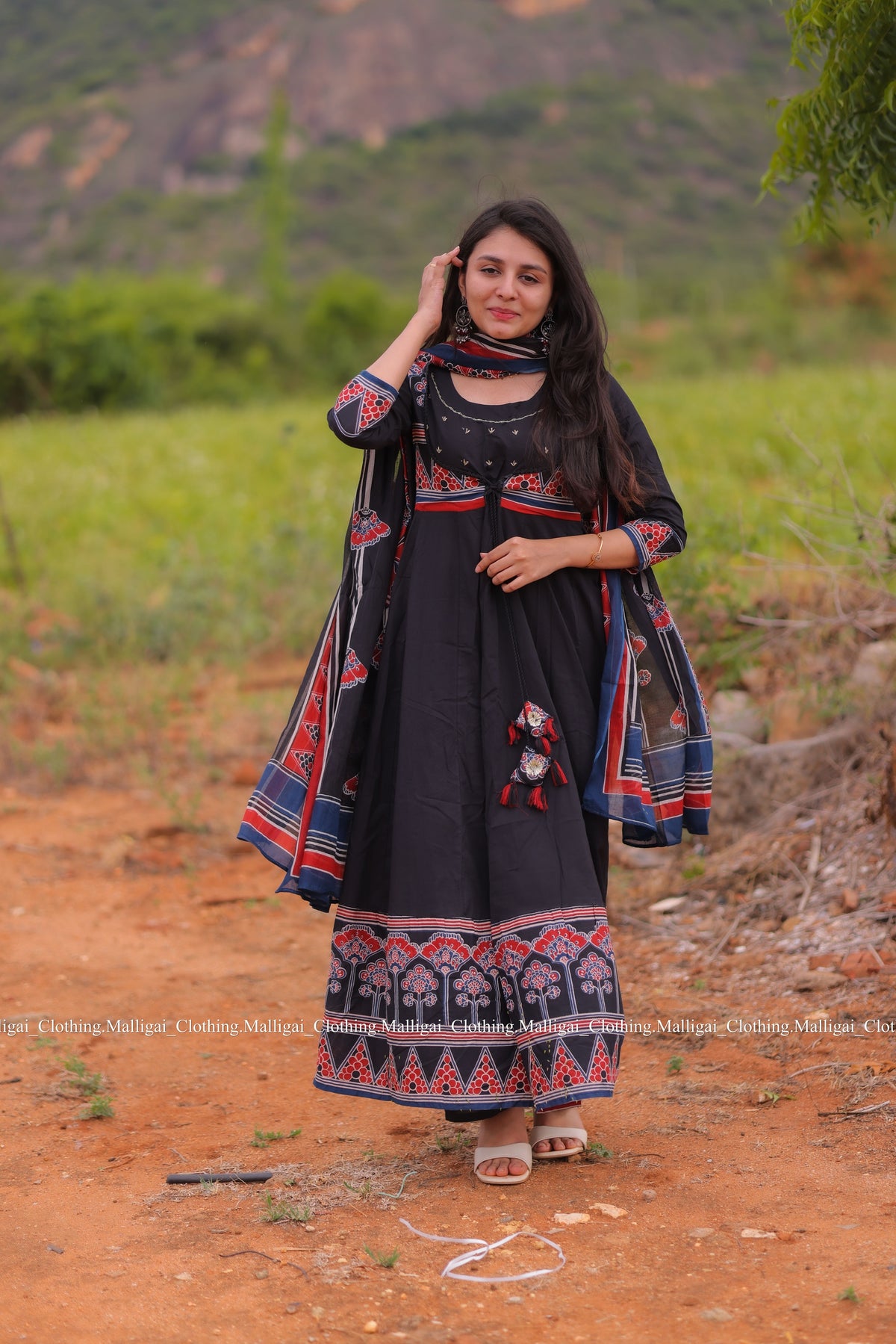 Roja Inspired Printed Anarkali Pure Cotton Kurta with Trousers and Dupatta - Black