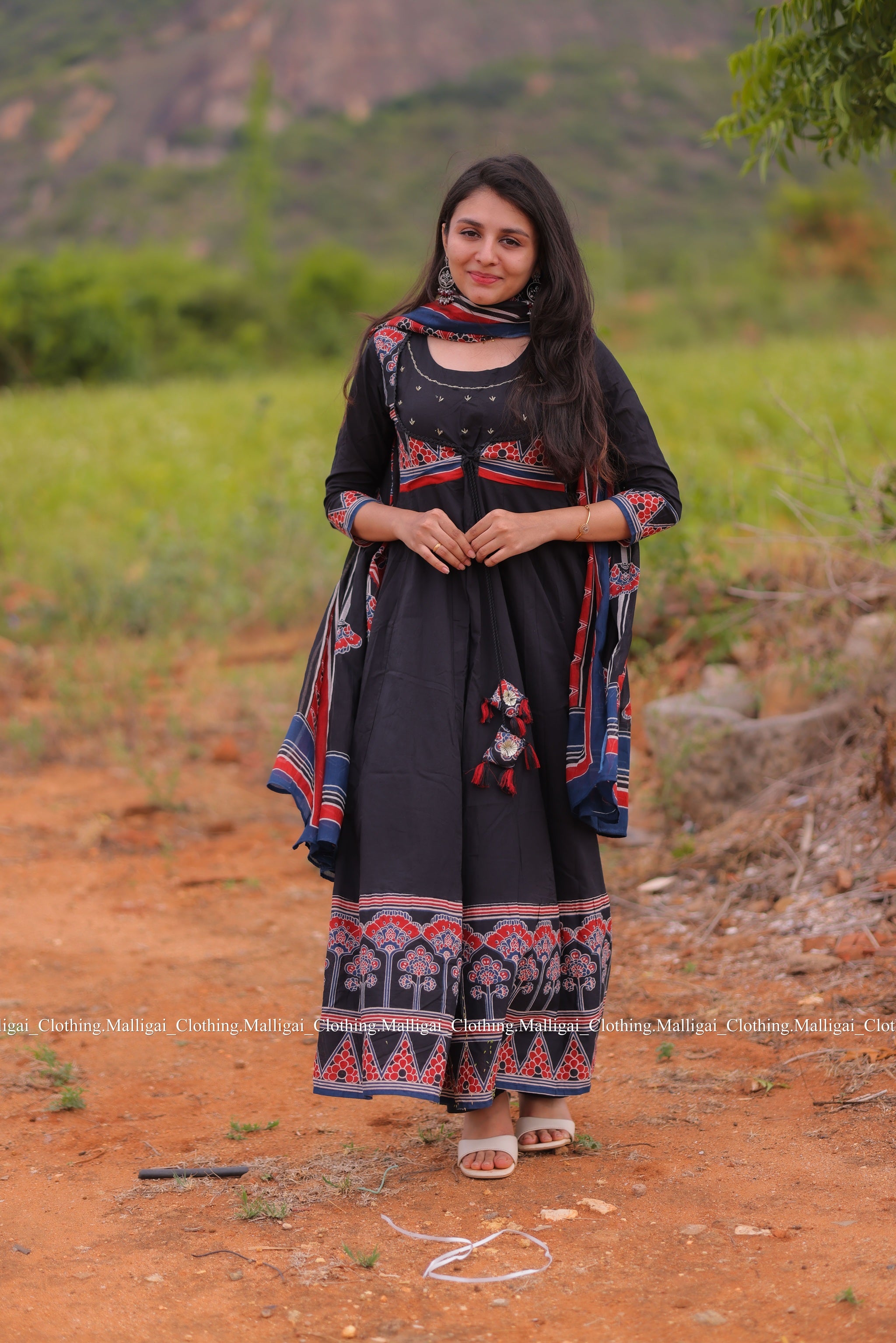 Roja Inspired Printed Anarkali Pure Cotton Kurta with Trousers and Dupatta - Black