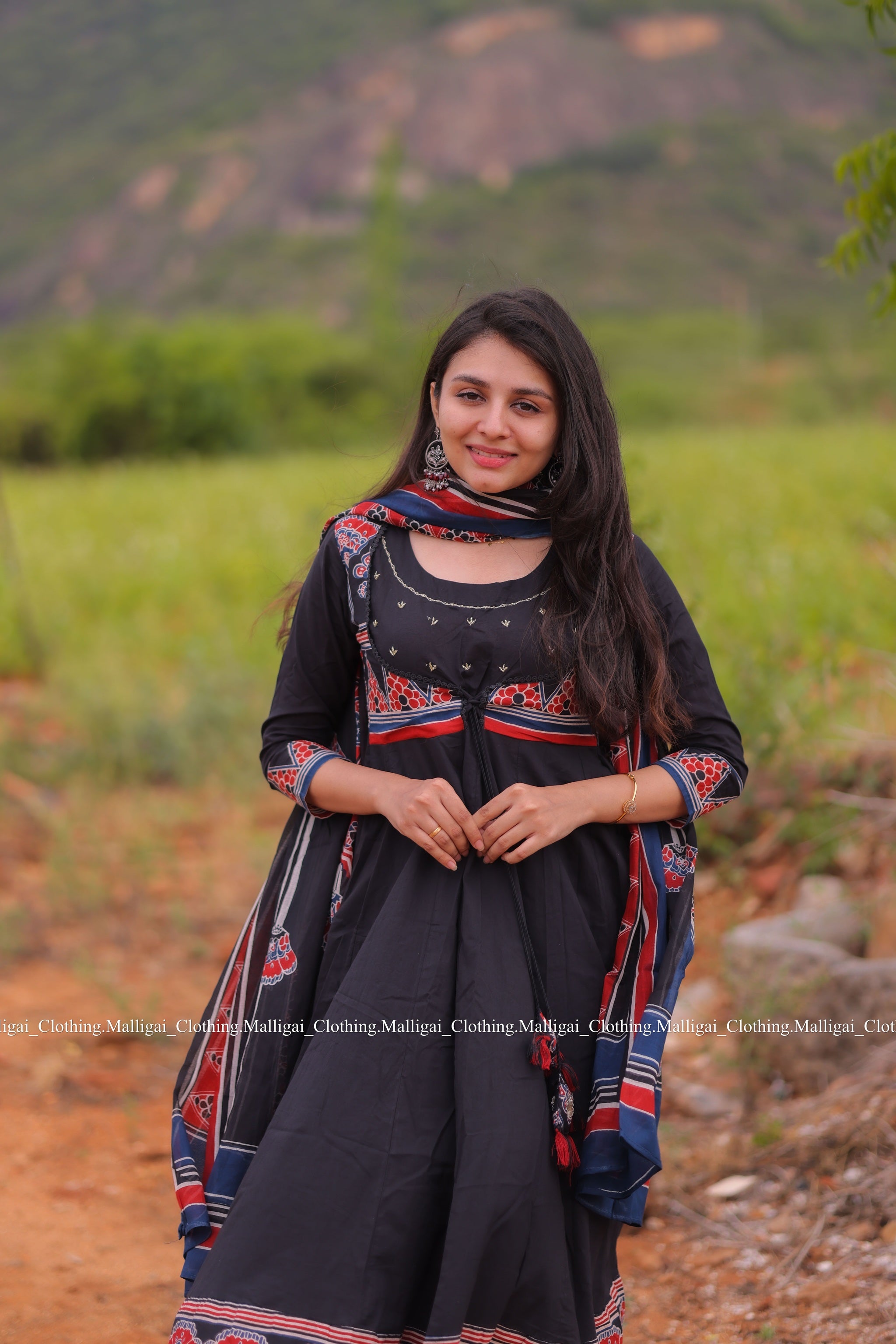 Roja Inspired Printed Anarkali Pure Cotton Kurta with Trousers and Dupatta - Black