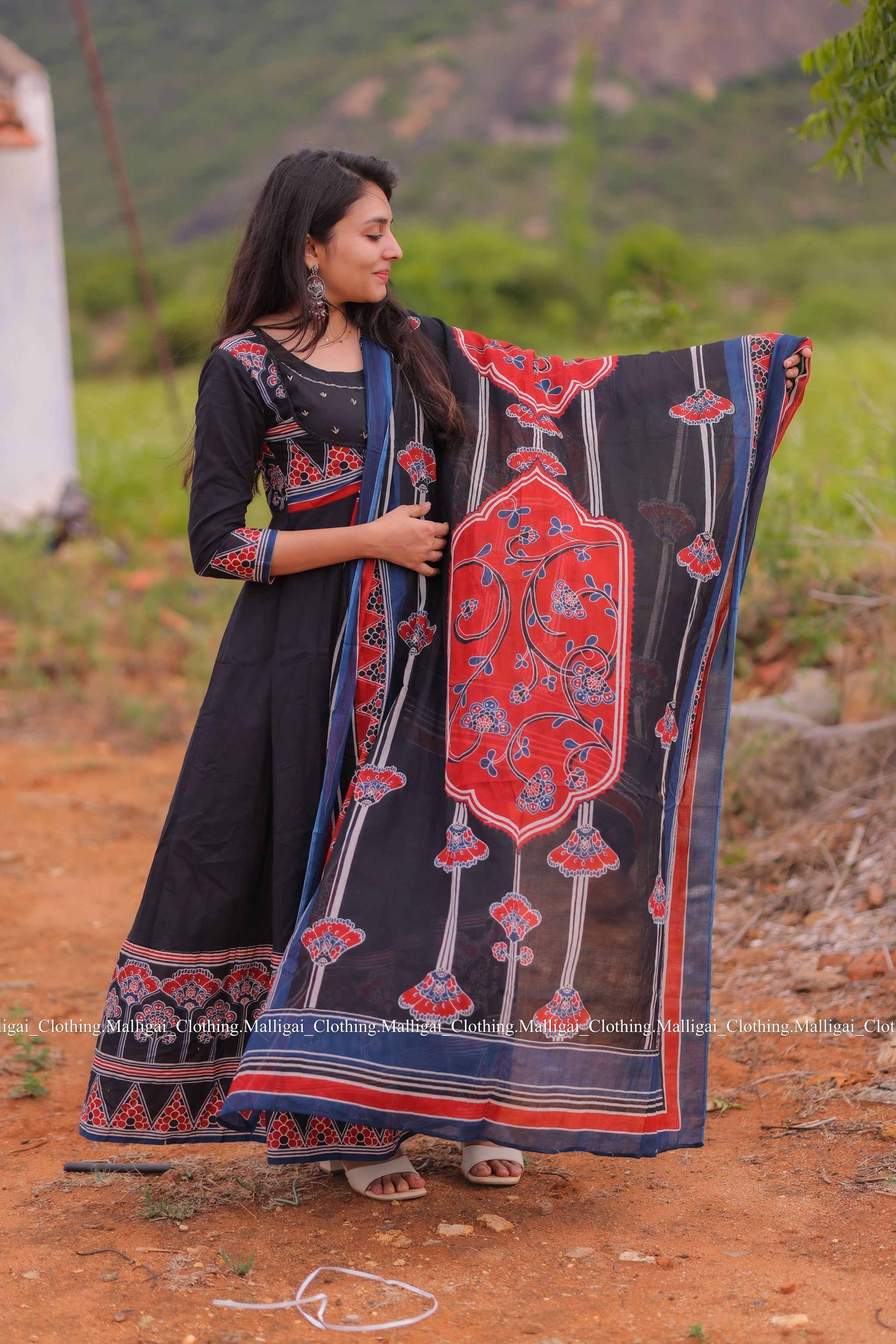 Roja Inspired Printed Anarkali Pure Cotton Kurta with Trousers and Dupatta - Black