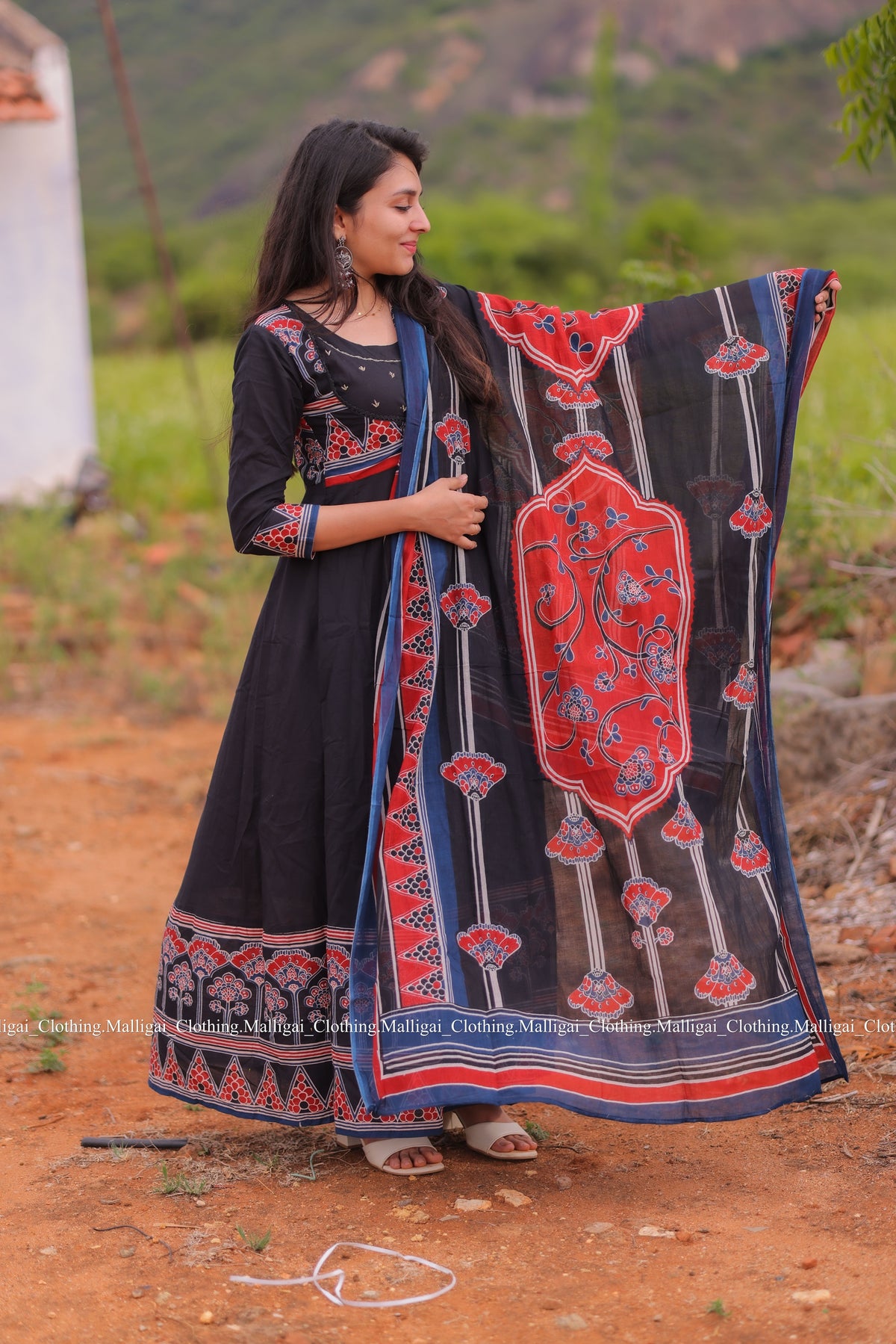 Roja Inspired Printed Anarkali Pure Cotton Kurta with Trousers and Dupatta - Black