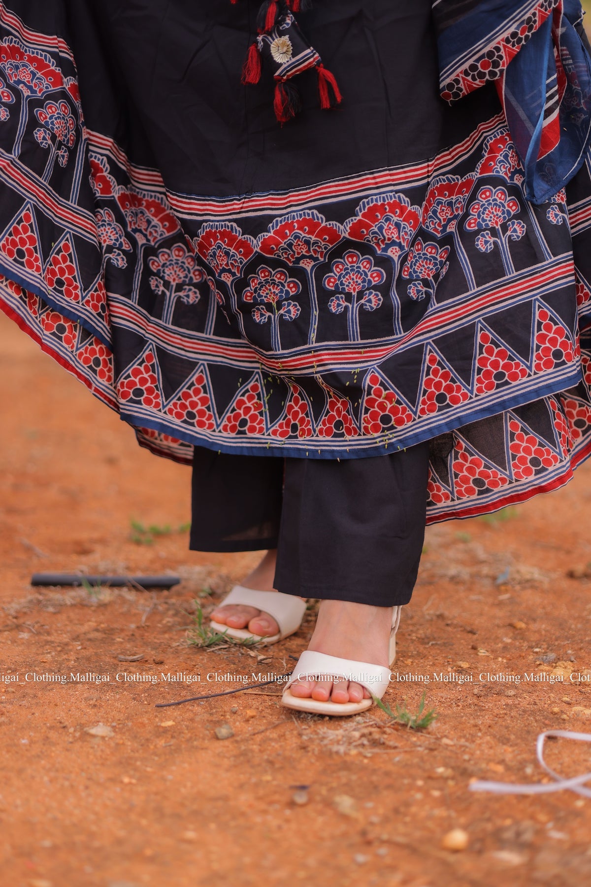 Roja Inspired Printed Anarkali Pure Cotton Kurta with Trousers and Dupatta - Black