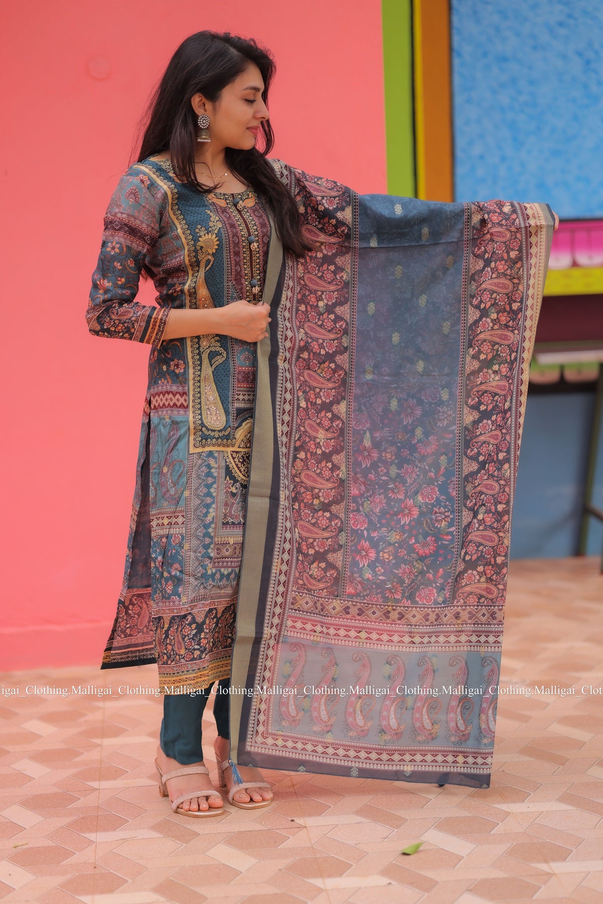 Russian Silk Jacquard with hand work in Daman Salwar Suit Set with Top, Pant and Dupatta with Pockets - Blue