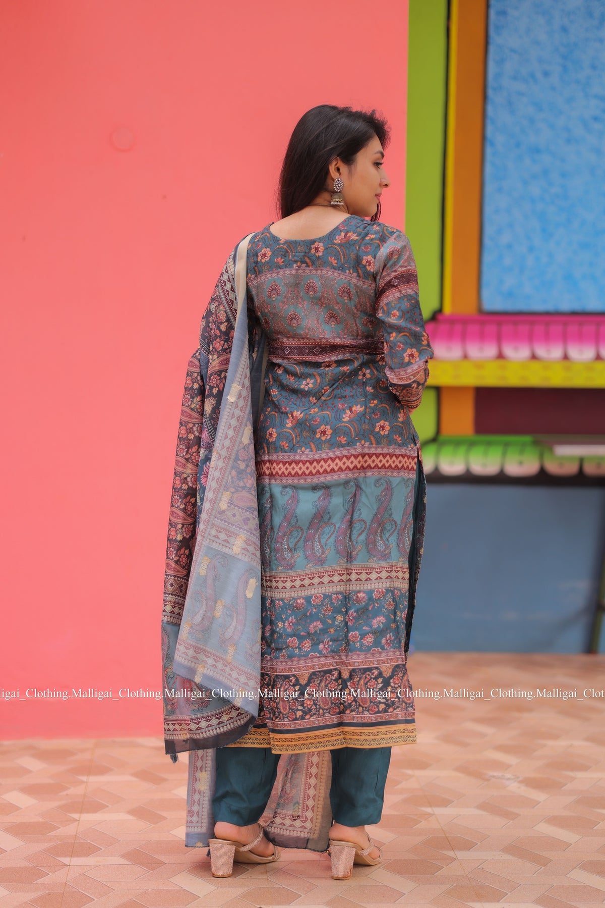 Russian Silk Jacquard with hand work in Daman Salwar Suit Set with Top, Pant and Dupatta with Pockets - Blue