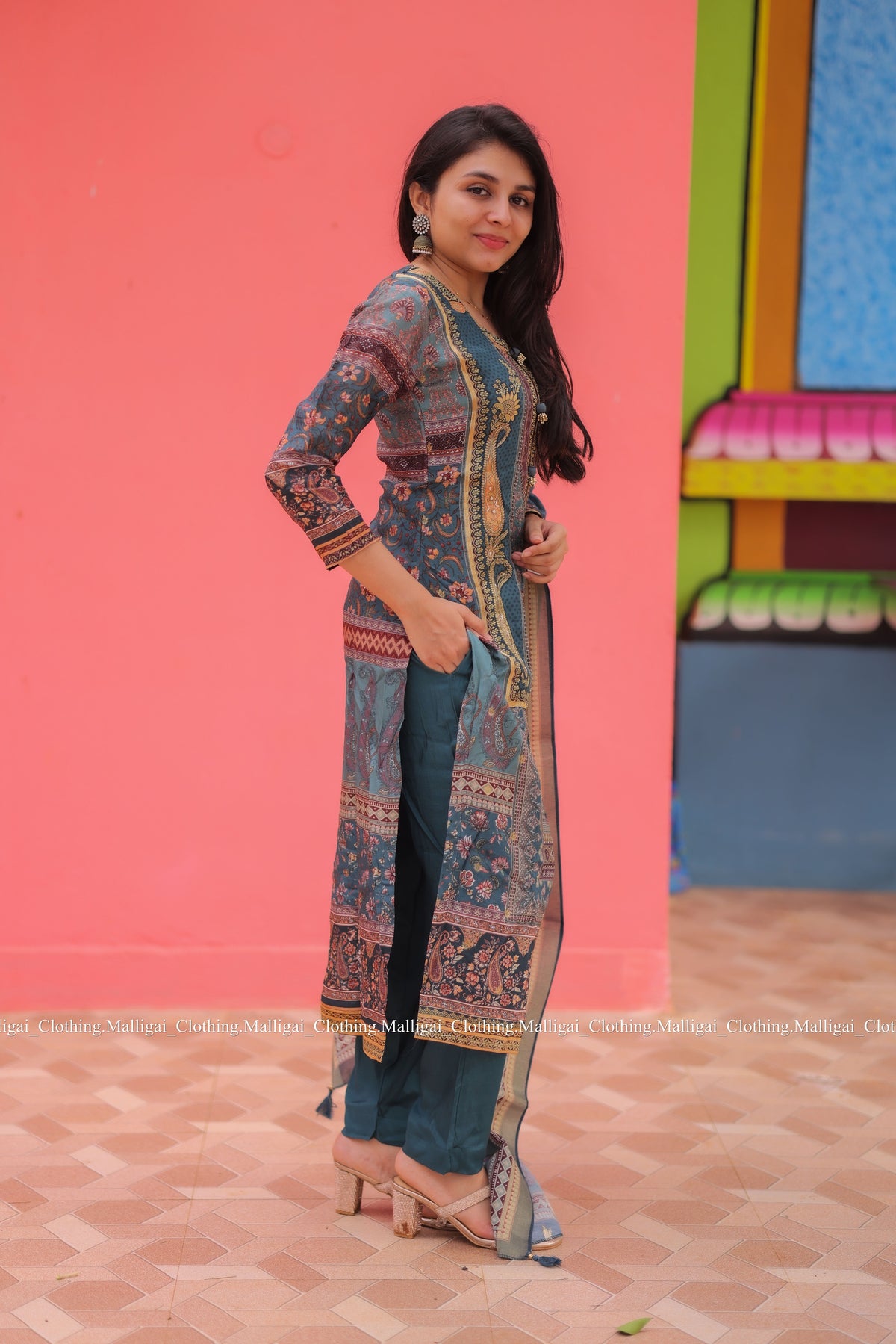 Russian Silk Jacquard with hand work in Daman Salwar Suit Set with Top, Pant and Dupatta with Pockets - Blue
