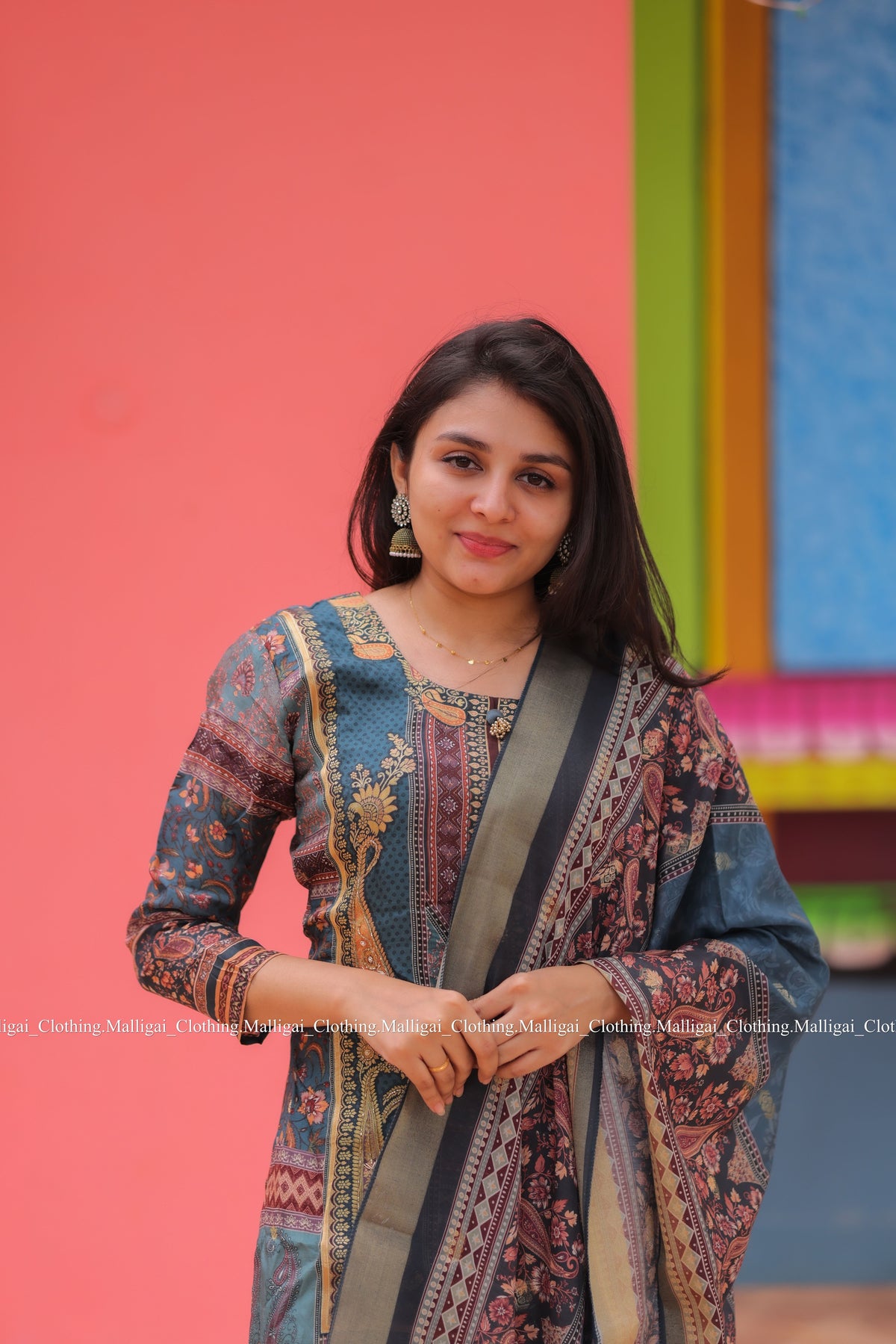 Russian Silk Jacquard with hand work in Daman Salwar Suit Set with Top, Pant and Dupatta with Pockets - Blue