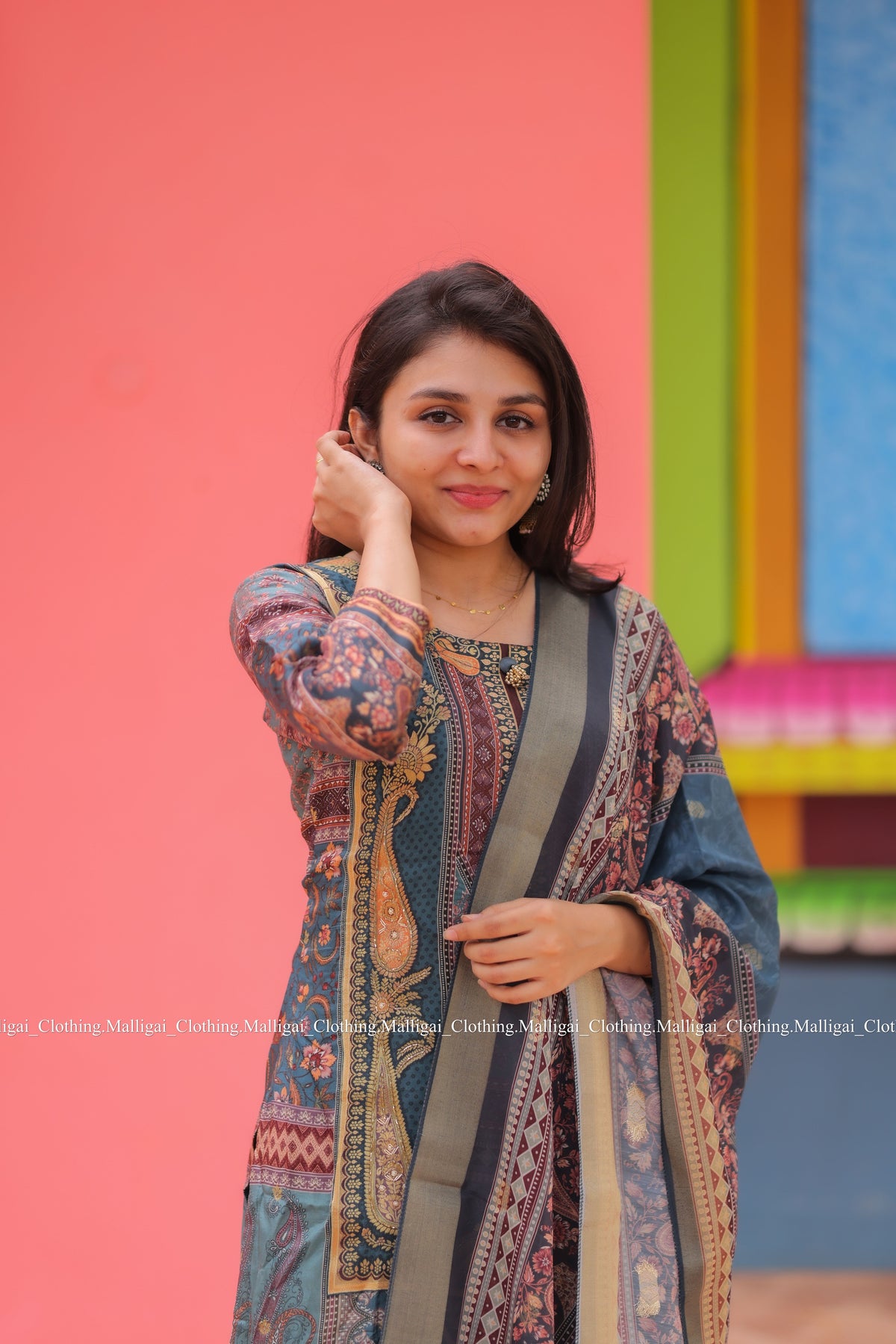Russian Silk Jacquard with hand work in Daman Salwar Suit Set with Top, Pant and Dupatta with Pockets - Blue