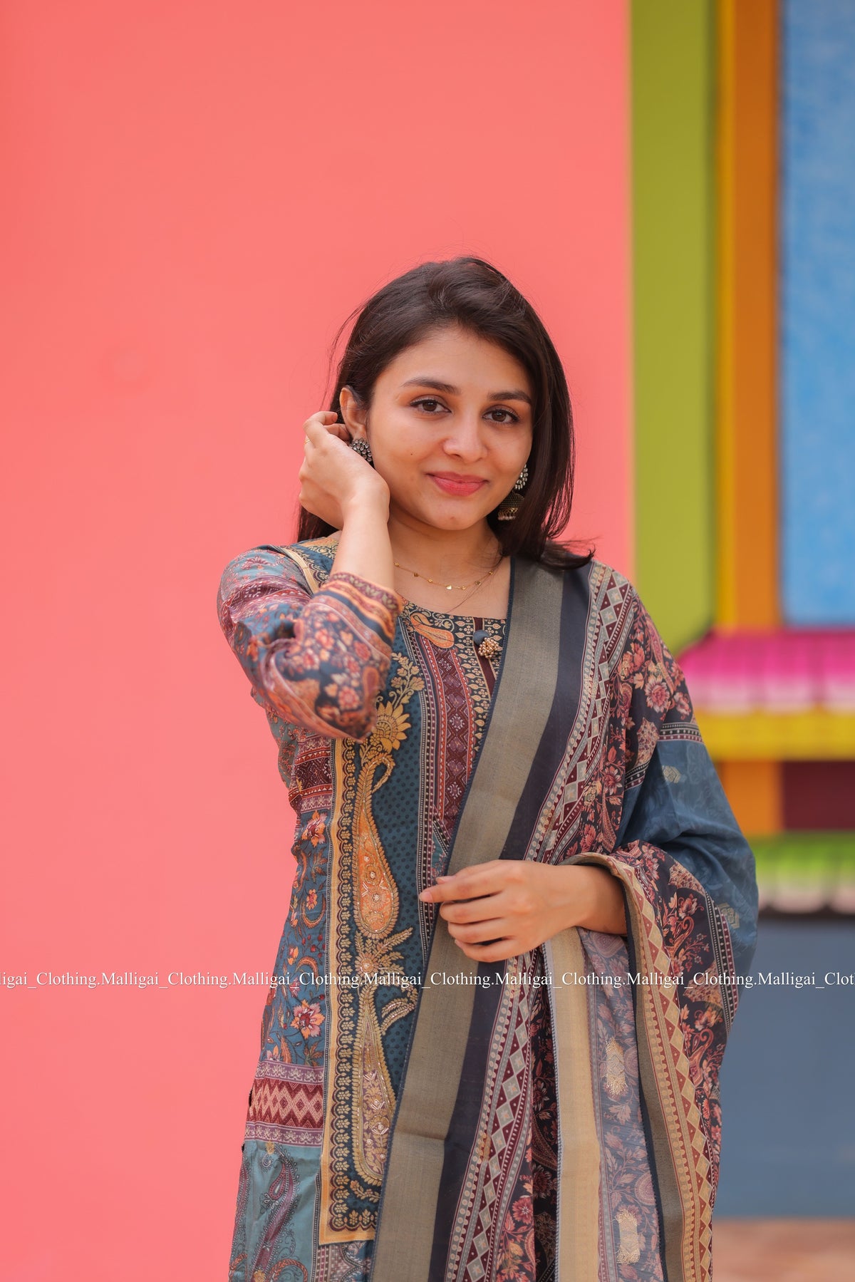 Russian Silk Jacquard with hand work in Daman Salwar Suit Set with Top, Pant and Dupatta with Pockets - Blue