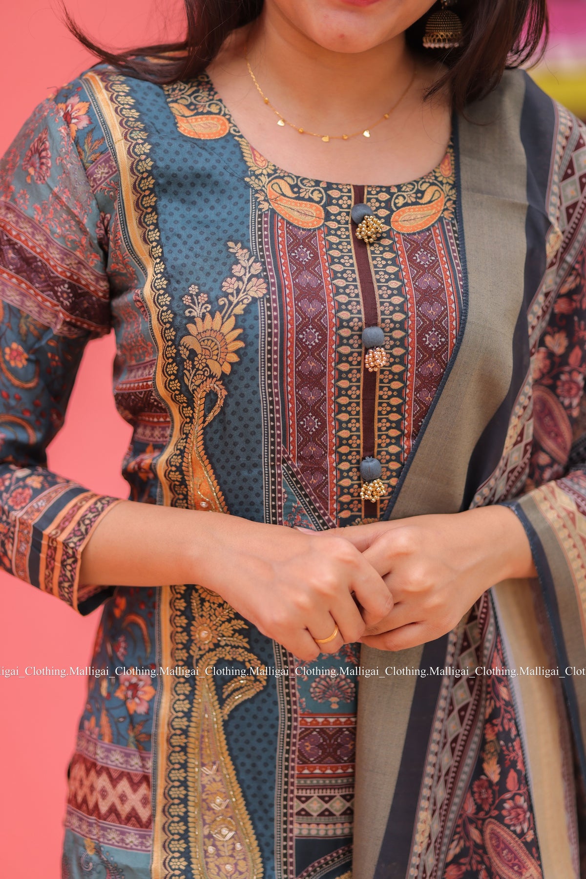 Russian Silk Jacquard with hand work in Daman Salwar Suit Set with Top, Pant and Dupatta with Pockets - Blue