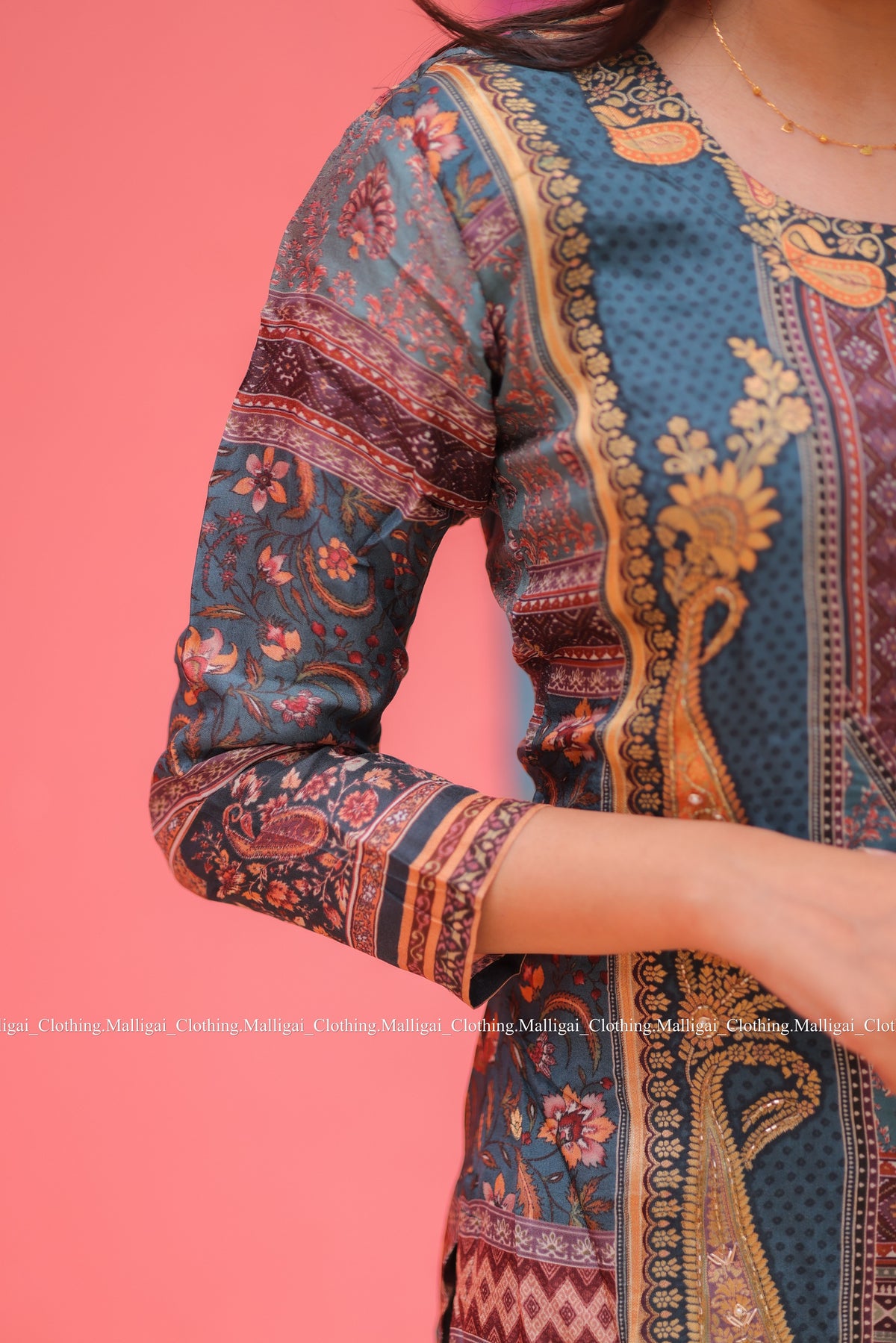Russian Silk Jacquard with hand work in Daman Salwar Suit Set with Top, Pant and Dupatta with Pockets - Blue