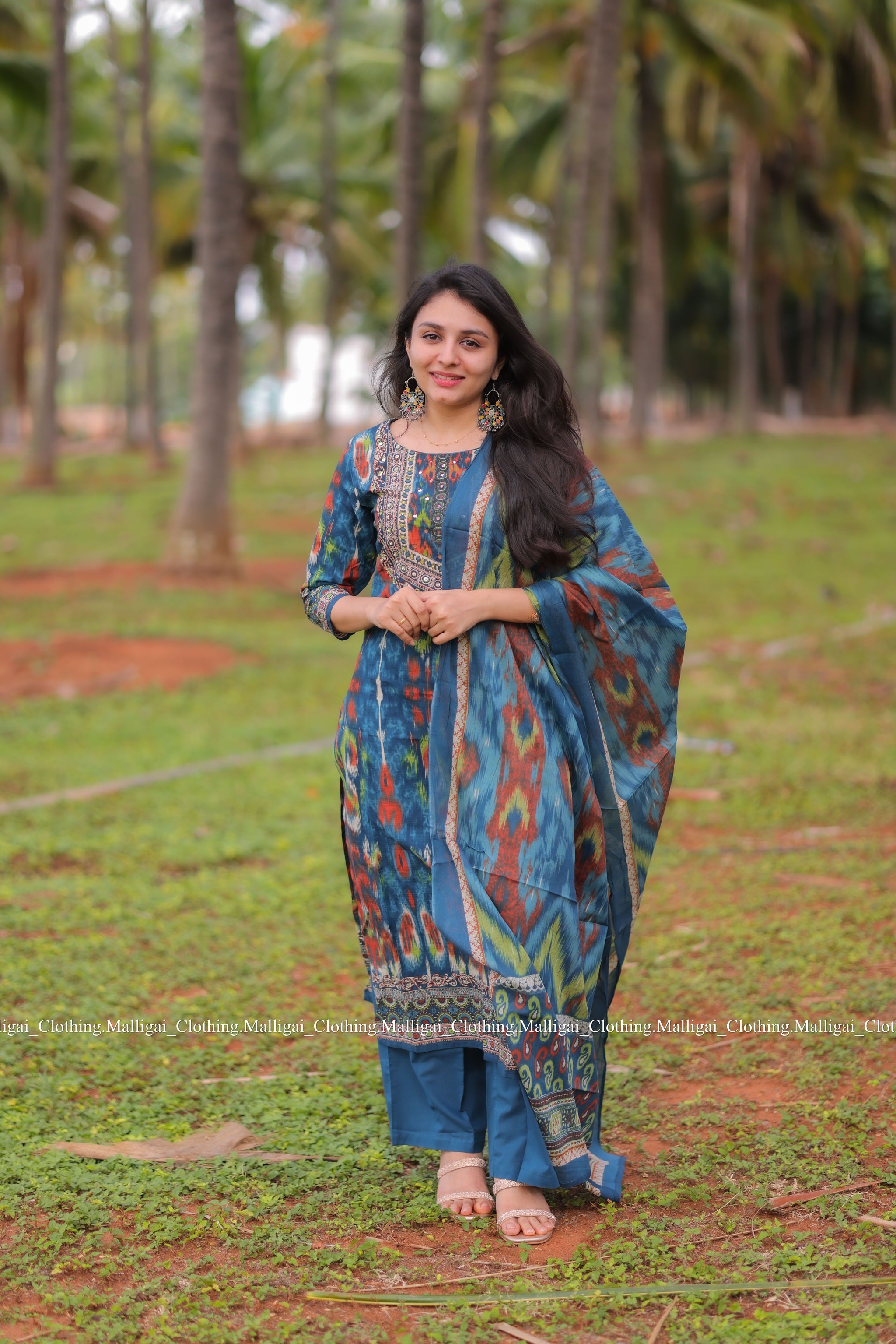 Blue Ikat inspired Geometric print Cotton Kurta with Trousers and Dupatta