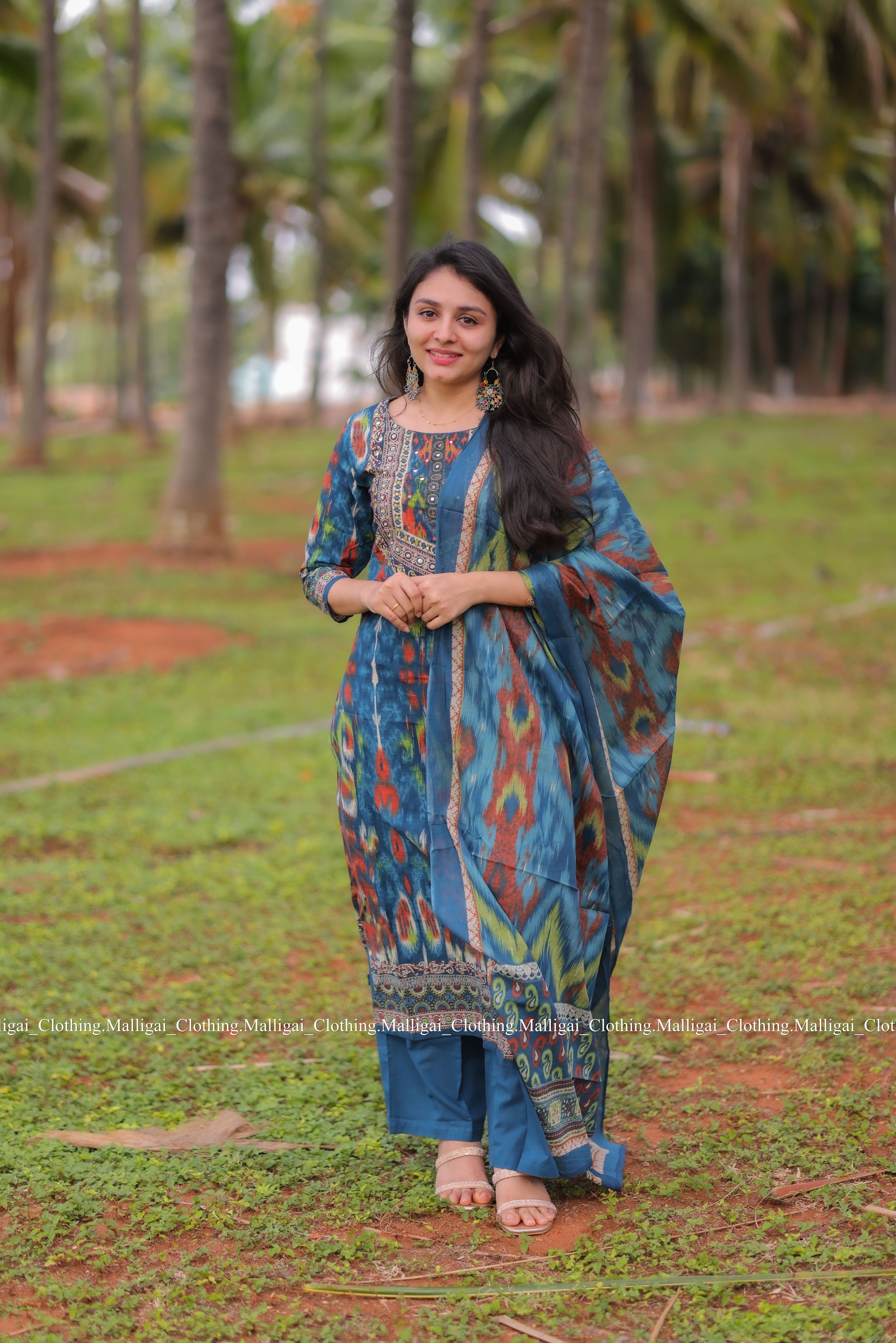 Blue Ikat inspired Geometric print Cotton Kurta with Trousers and Dupatta