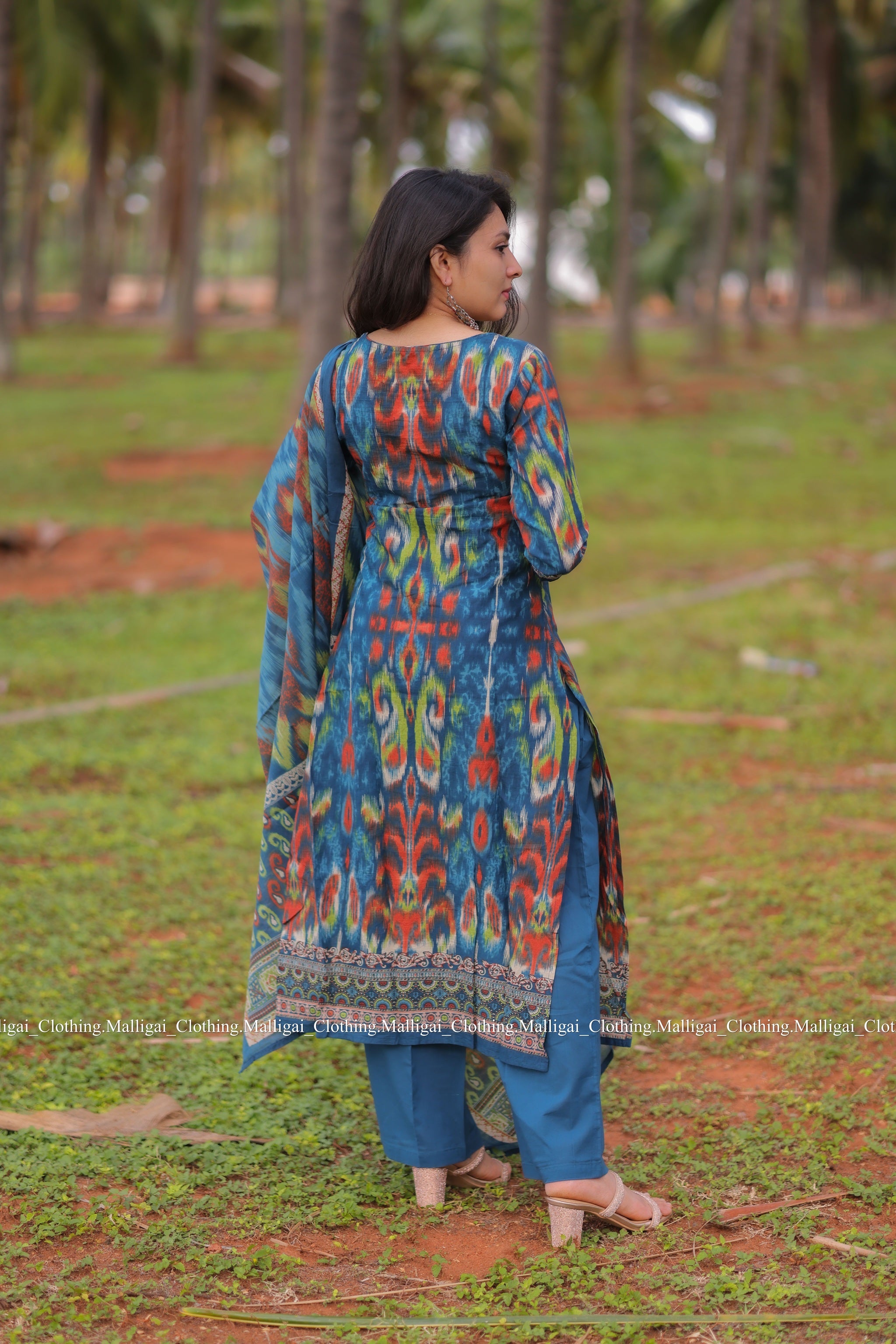 Blue Ikat inspired Geometric print Cotton Kurta with Trousers and Dupatta