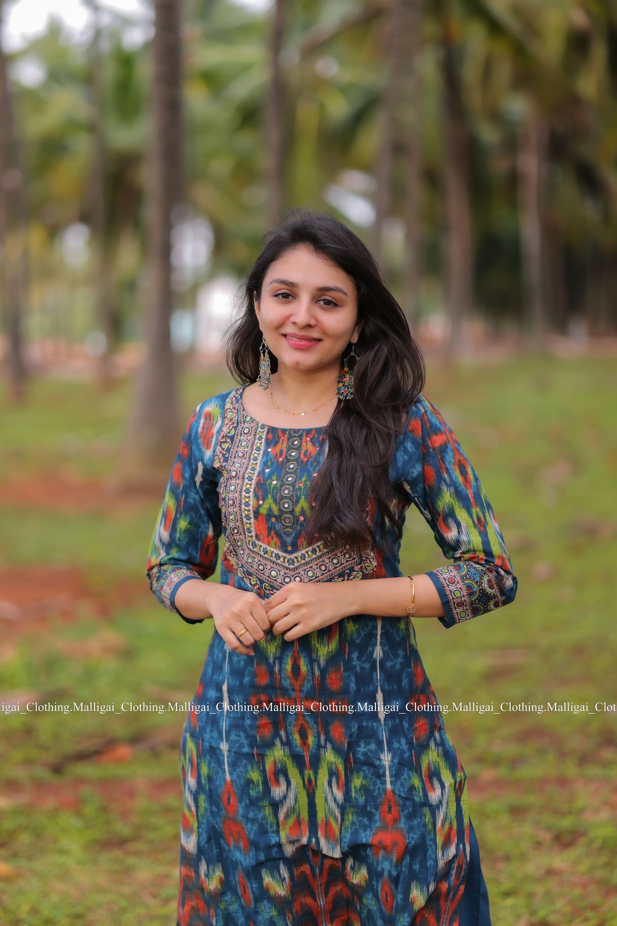 Blue Ikat inspired Geometric print Cotton Kurta with Trousers and Dupatta
