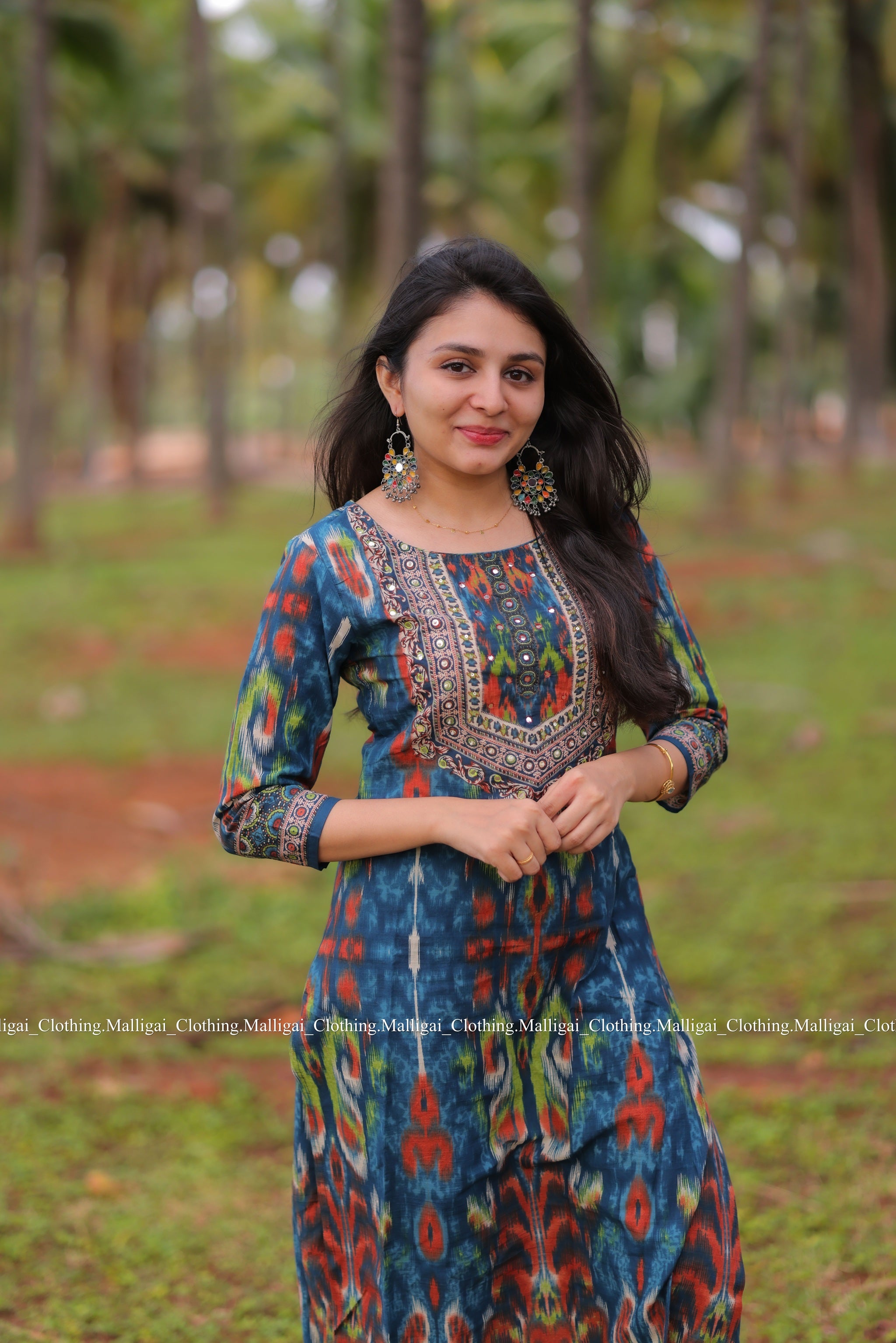 Blue Ikat inspired Geometric print Cotton Kurta with Trousers and Dupatta