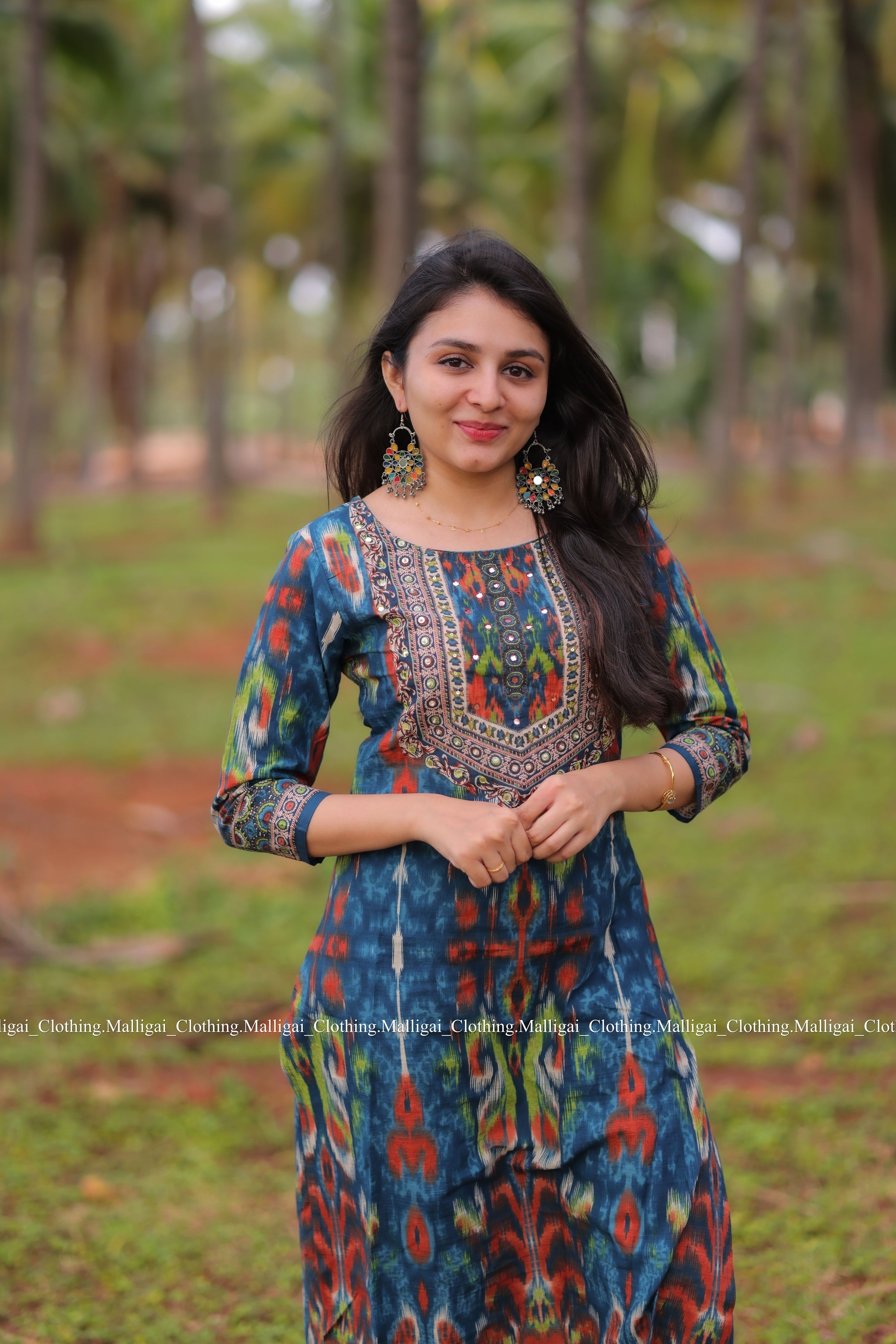 Blue Ikat inspired Geometric print Cotton Kurta with Trousers and Dupatta
