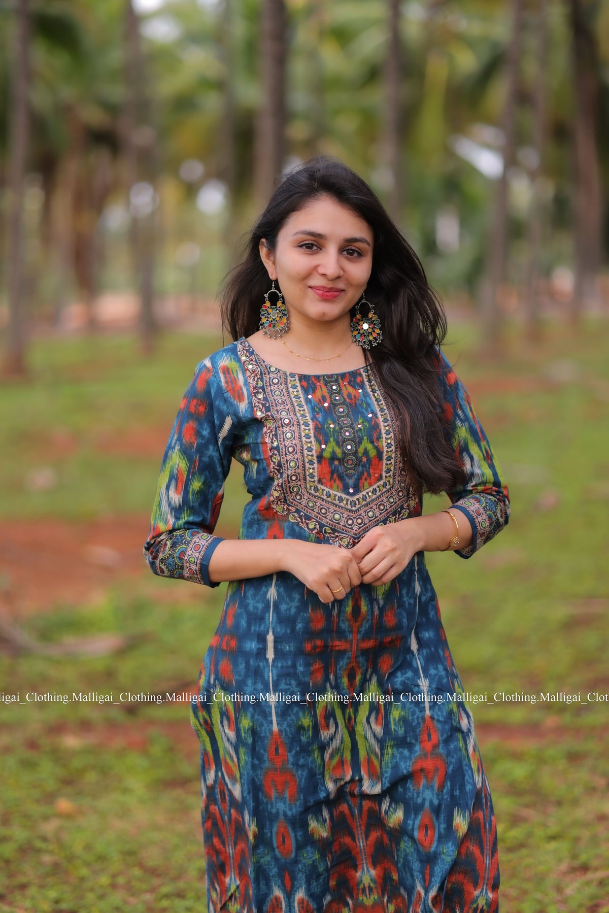 Blue Ikat inspired Geometric print Cotton Kurta with Trousers and Dupatta